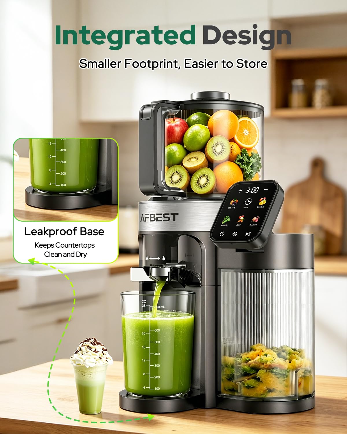 AFBEST 2026 Upgraded Cold Press Juicer Machine, 6.5" Extra Wide Chute Masticating Juicer with 100oz Self-Feeding Hopper,3-in-1 Smart Touch Slow Juicer for Sorbet & Nut Milk, High Yield, Easy Clean