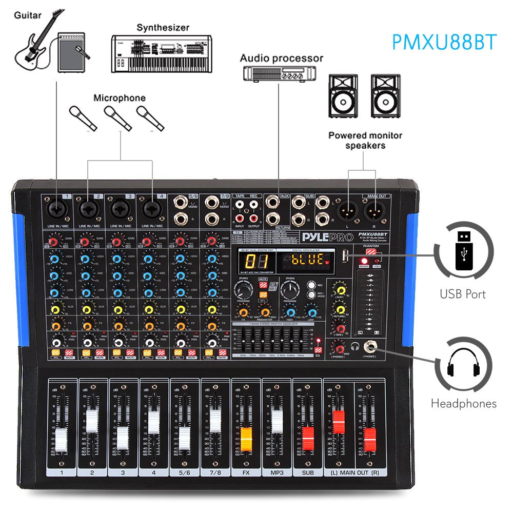 Pyle 8-Channel Console Style Audio Mixer with Bluetooth - DJ Sound Controller, 4 XLR / Combo Inputs, Sub Out, +48V Phantom, USB-A In, 16 DSP Effects, MP3 Player, 7-Band EQ - PMXU88BT