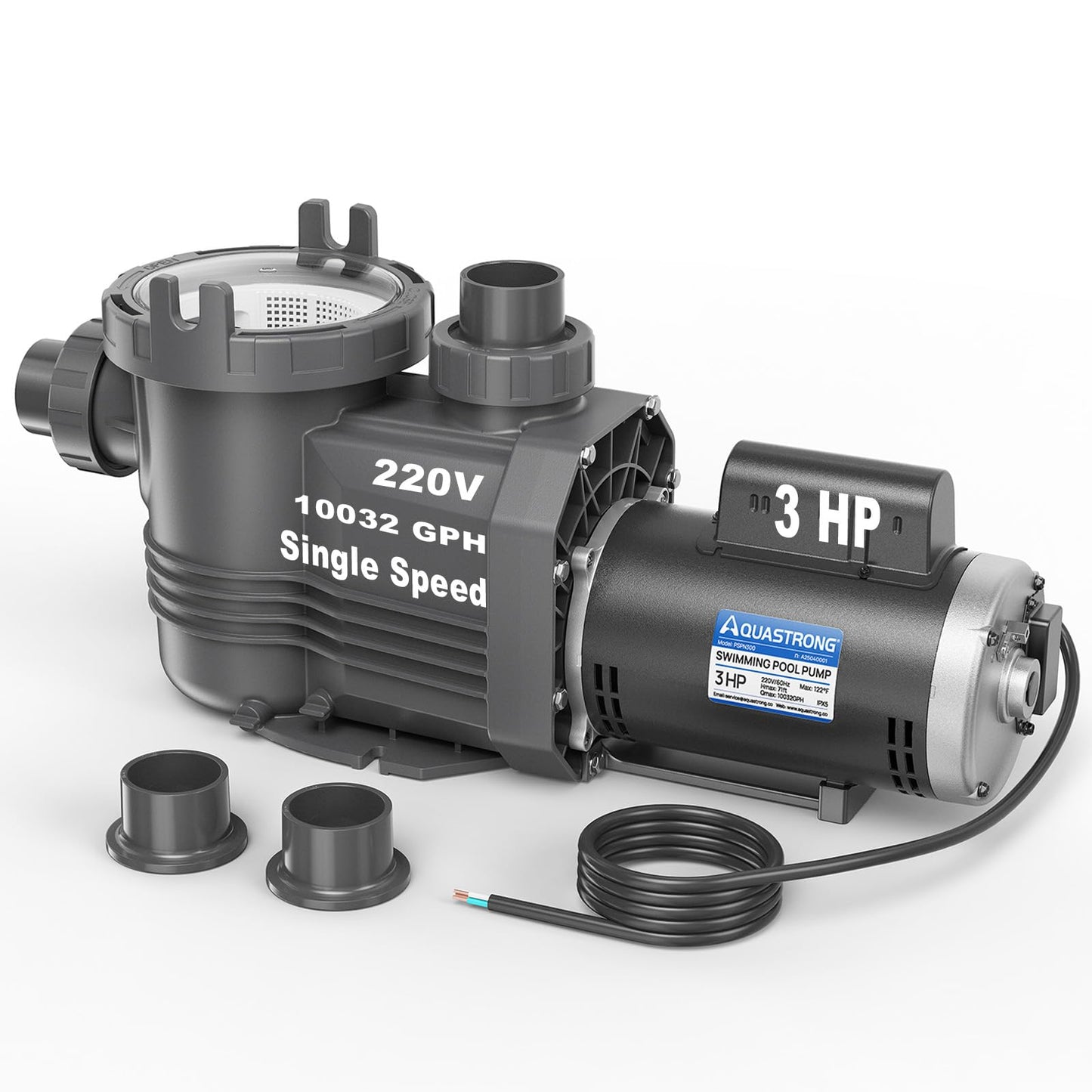 AQUASTRONG In/Above Ground Pool Pump Pure Copper Motor Energy Efficient High Flow Powerful Self Primming Swimming Pool Pumps with Filter Basket, Light Black