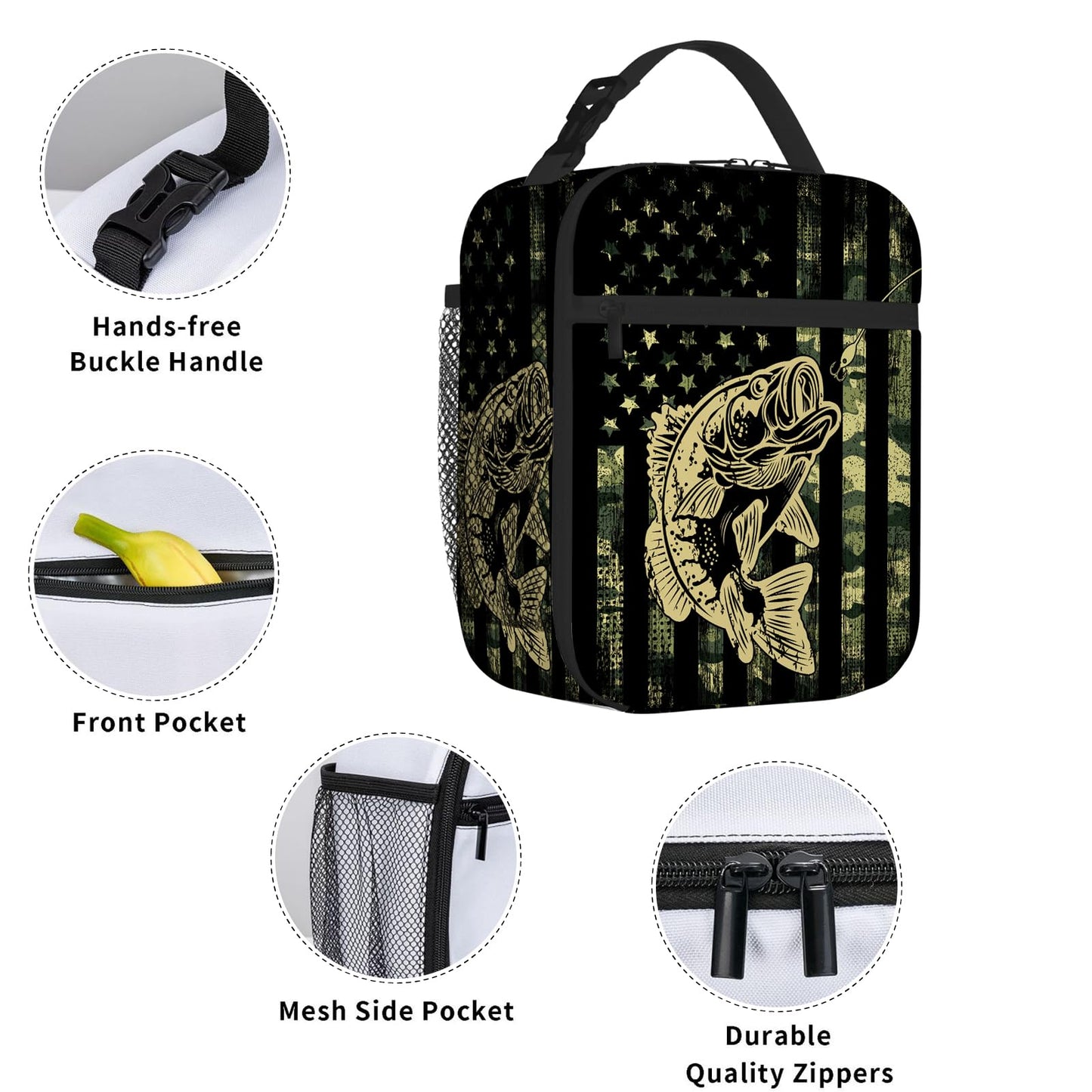 DOINBEE Camo Bass American Flag Lunch Box, Army Green Camouflage USA Flag Bass Fishing Bait Lunch Bag for Men Women Kids Boys Girls, Camo Fish Insulated Lunchbox Portable Thermal Cooler Tote Bag