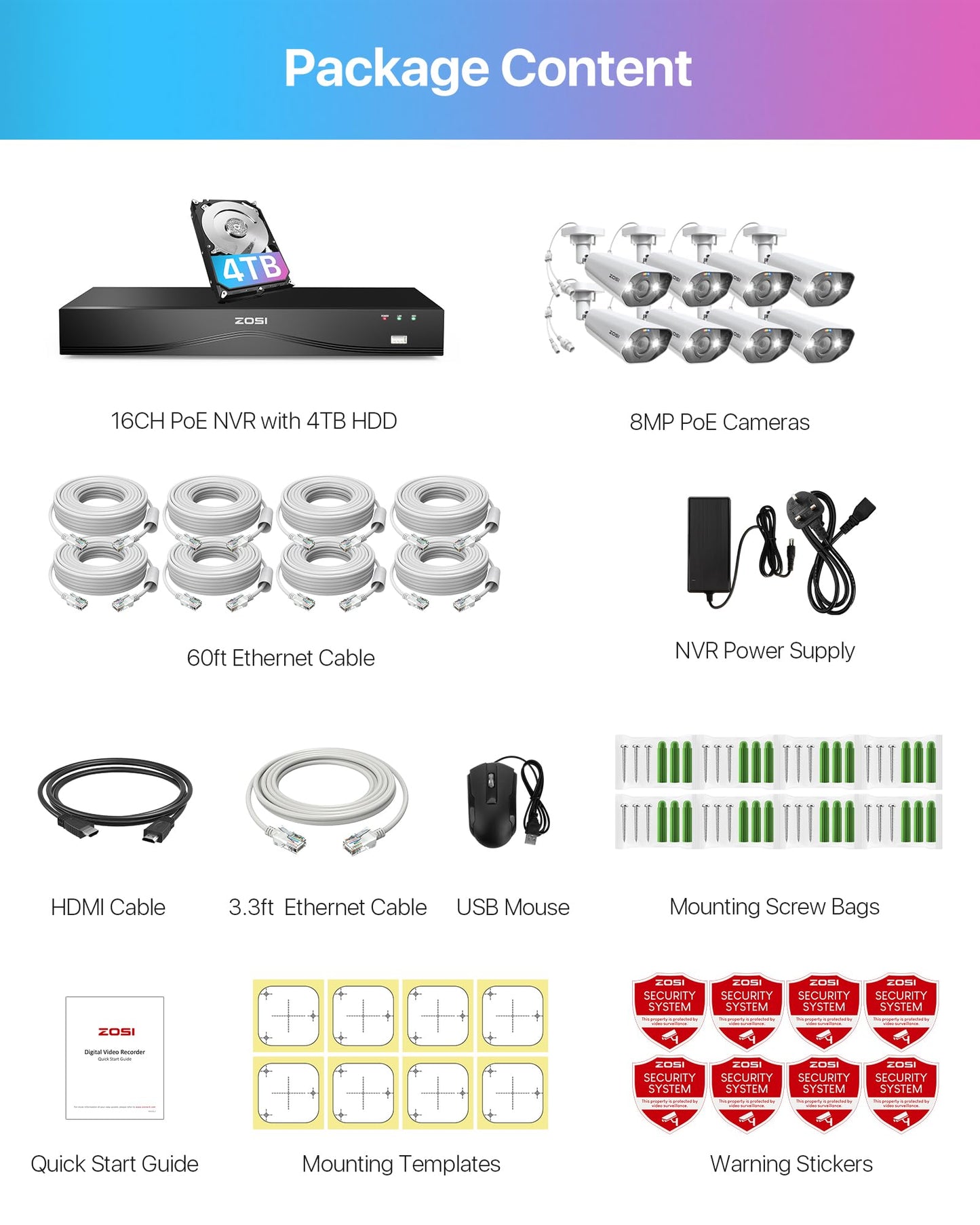 ZOSI 24CH 4K Spotlight PoE Security Camera System with Person Vehicle Detection,8pcs 4K Outdoor PoE Cameras,2 Way Talk,H.265+ 16CH 8MP NVR with 4TB HDD for 24/7 Recording