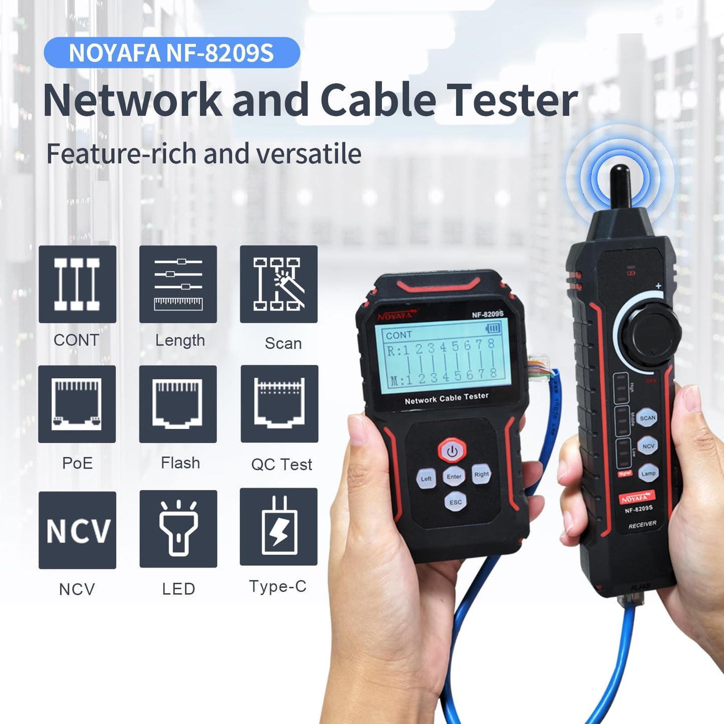 NOYAFA NF-8209S Network Cable Tester, Ethernet Cable Tester with CAT5, CAT6 Line Tracer, PoE, NCV, Length Test, Port Flashing, Fault Line Scan for Cable Grooming, LAN Network Cable Tracer Kit