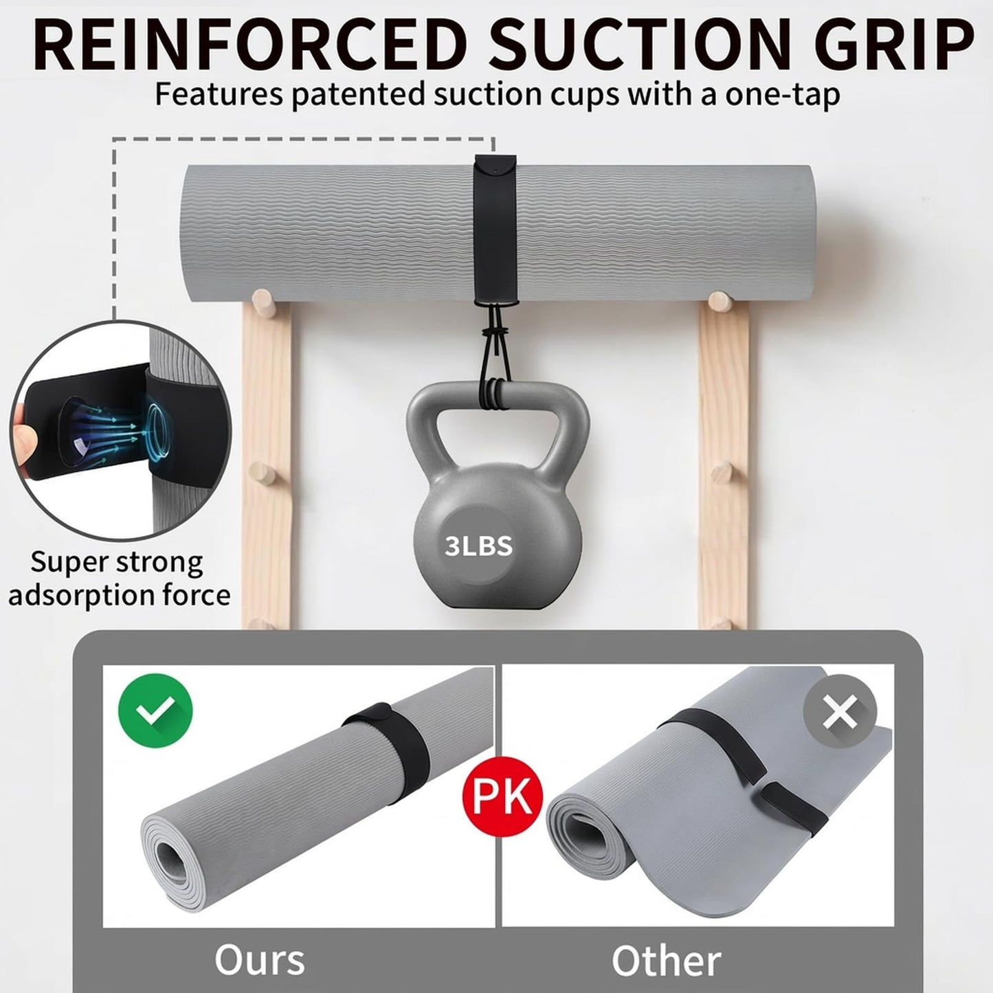 Yoga Mat Strap Slap Band- Extended Silicone Self-Rolling Mat Tie with Suction Cup Grip - Silent Snap Holder & Carrier for Thick Mats, Foam Rollers(25"L x 2"W) (Black)