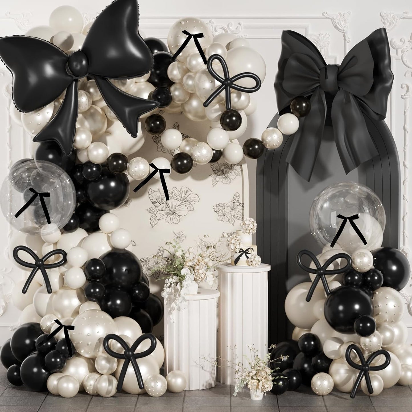 Skiennix Black Bow Birthday Decorations - 187Pcs Balloon Arch Kit with Pearl Balloons & Ribbons