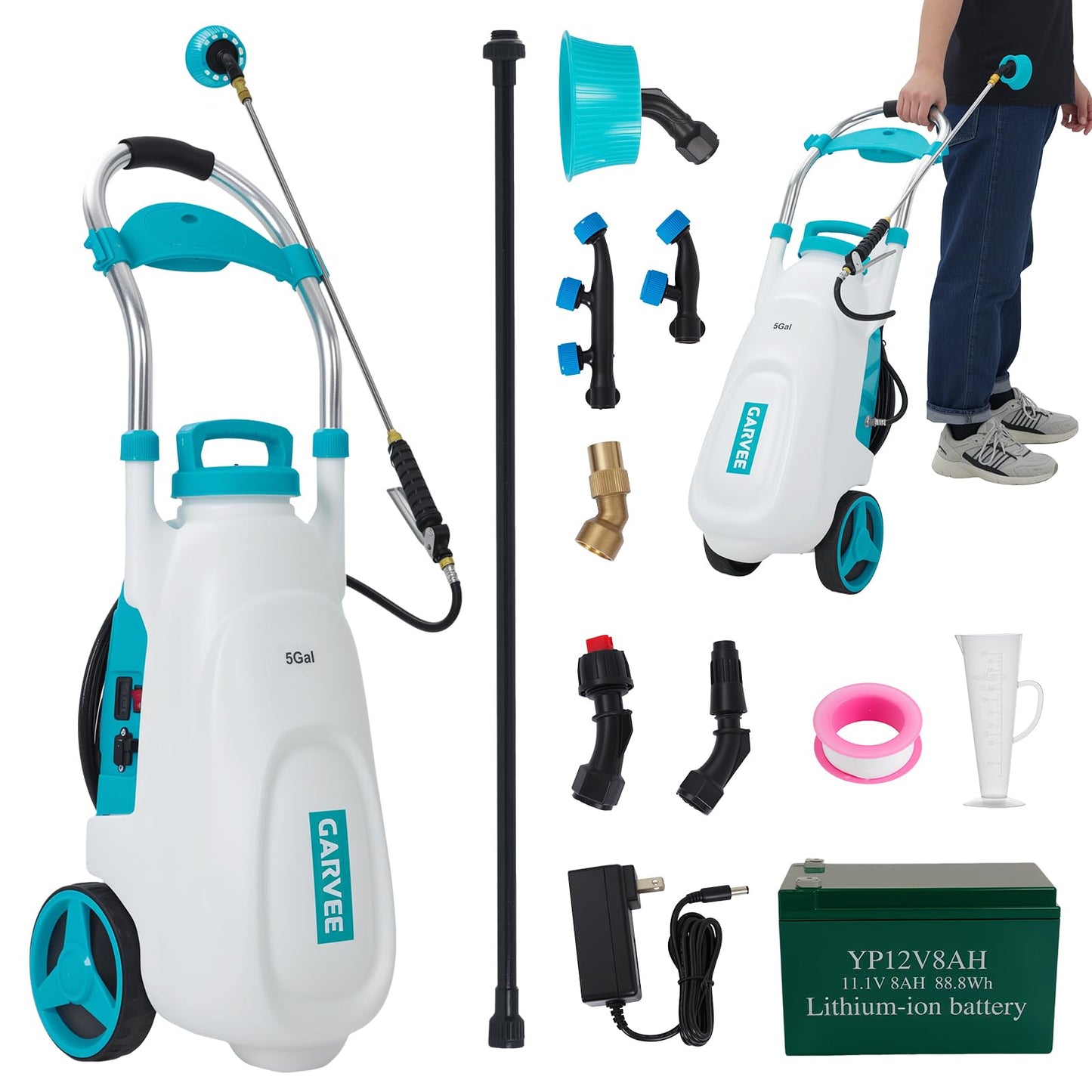 Garvee 5.3 Gallons Battery Powered Sprayer with Wheeled Cart, 12V 8Ah Electric Sprayer with 6 Nozzles & 2 Wands, 4-6 Hour Runtime, 90PSI Adjustable Pressure, Trigger Lock, Yard Sprayers for Lawn and g