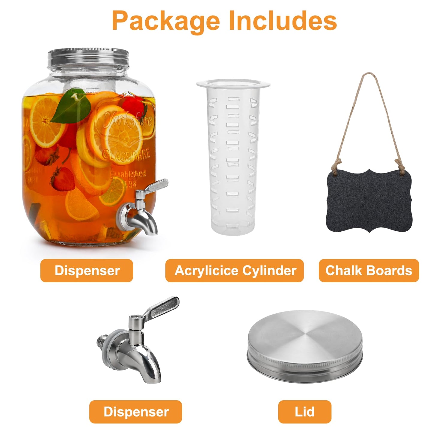 1 Gallon Glass Beverage Dispenser with Lid, Stainless Steel Spigot, Glass Drink Dispensers for Parties, Lemonade Dispenser With Ice Cylinder for Weddings, Party,Sun Tea Jar, Water Juice Dispensers