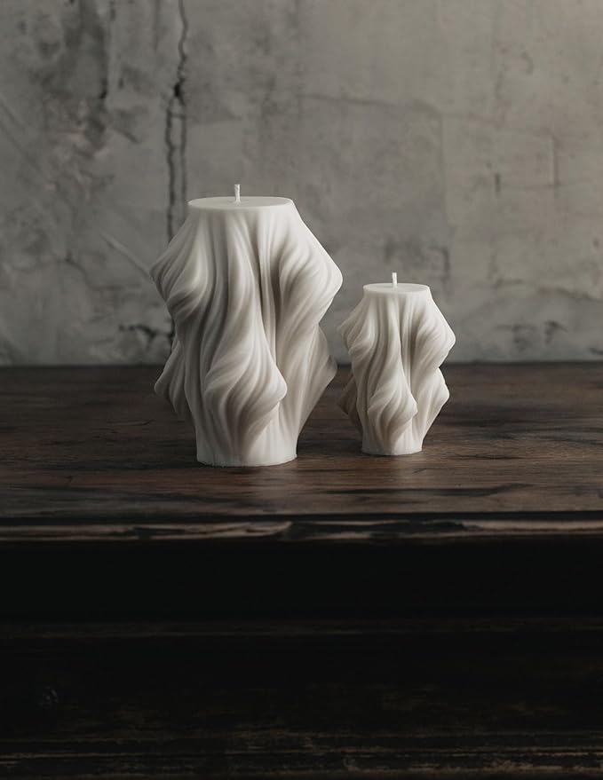 LAWA Cascading Wave Candle - Large Beautiful Handmade Pillar Scented Soy Wax Elegant Bubble Aesthetic Candle Housewarming Gift Home Room Shelf Decor Idea White (Set of 2)