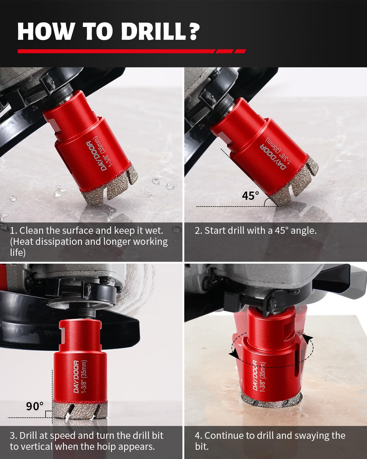 DAYDOOR Diamond Hole Saw Kit, 15-Piece Tile Hole Saw Kit 1/4" 5/16" 4/5" 1" 1-3/8" 2" 3" 4",Vacuum Brazed Core Drill Bits for Porcelain Tile, Granite, Marble, Stone(Red)