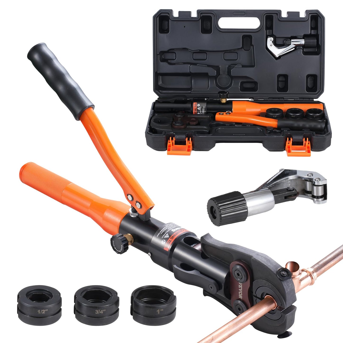 VEVOR Copper Pipe Crimping Tool, Hydraulic Driven Press Tool with 1/2", 3/4", 1" VUS Jaws, Copper Tube Fittings Pipe Crimpers for Narrow Spaces and Tee Fittings