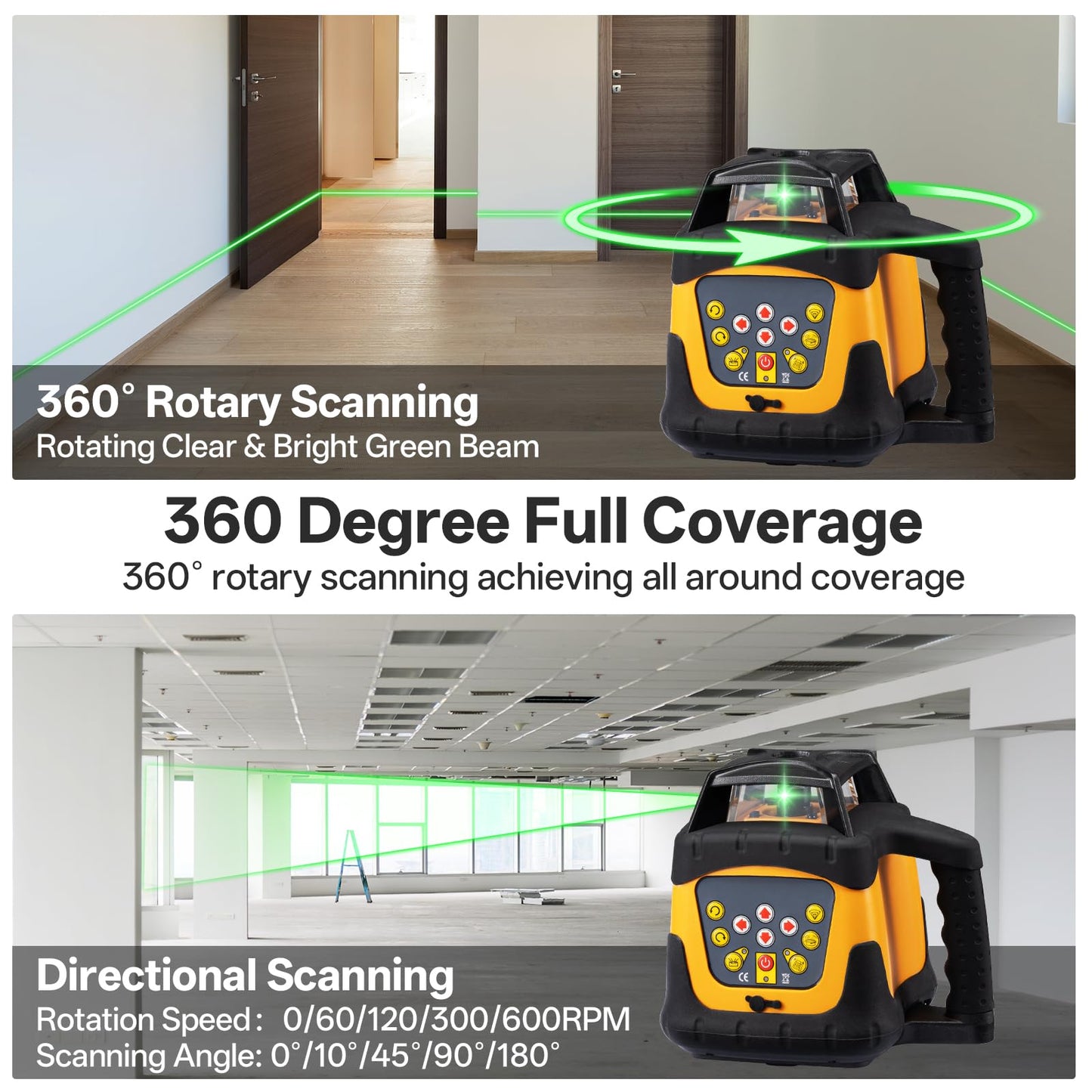 Self-Leveling Green Rotary Laser Level Kit, 2300ft Range with Receiver, ±1/10" Accuracy at 100ft, Class II ≤ 5 mW Laser, IP66 Waterproof, Includes Tripod, Grade Rod & Carrying Case