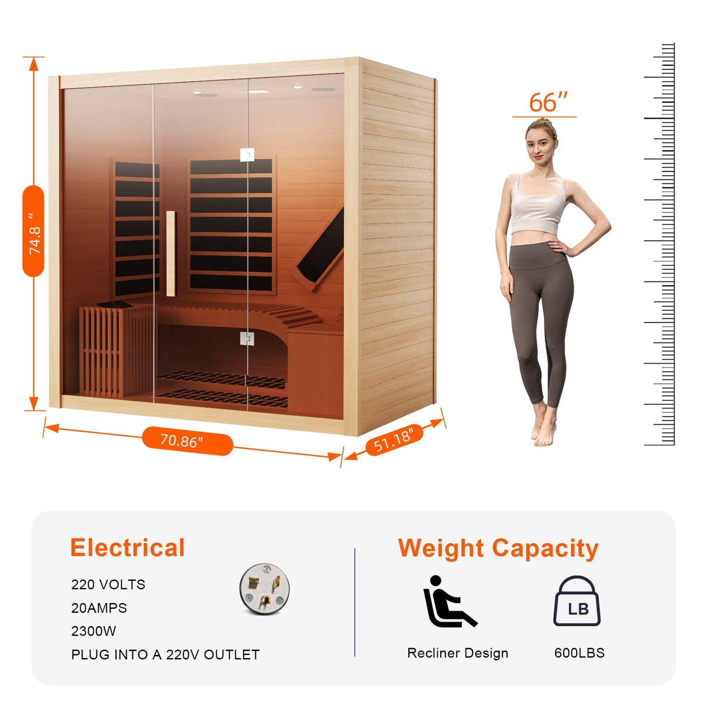 iDOTODO Far Infrared Wooden Sauna Room with Recliner, 1 Person Indoor Infrared Home Sauna, Indoor Saunas for Home 220V, 2300W, 7 Heaters, Hemlock, Bluetooth Speakers, 7 Color Light, Oxygen Bar