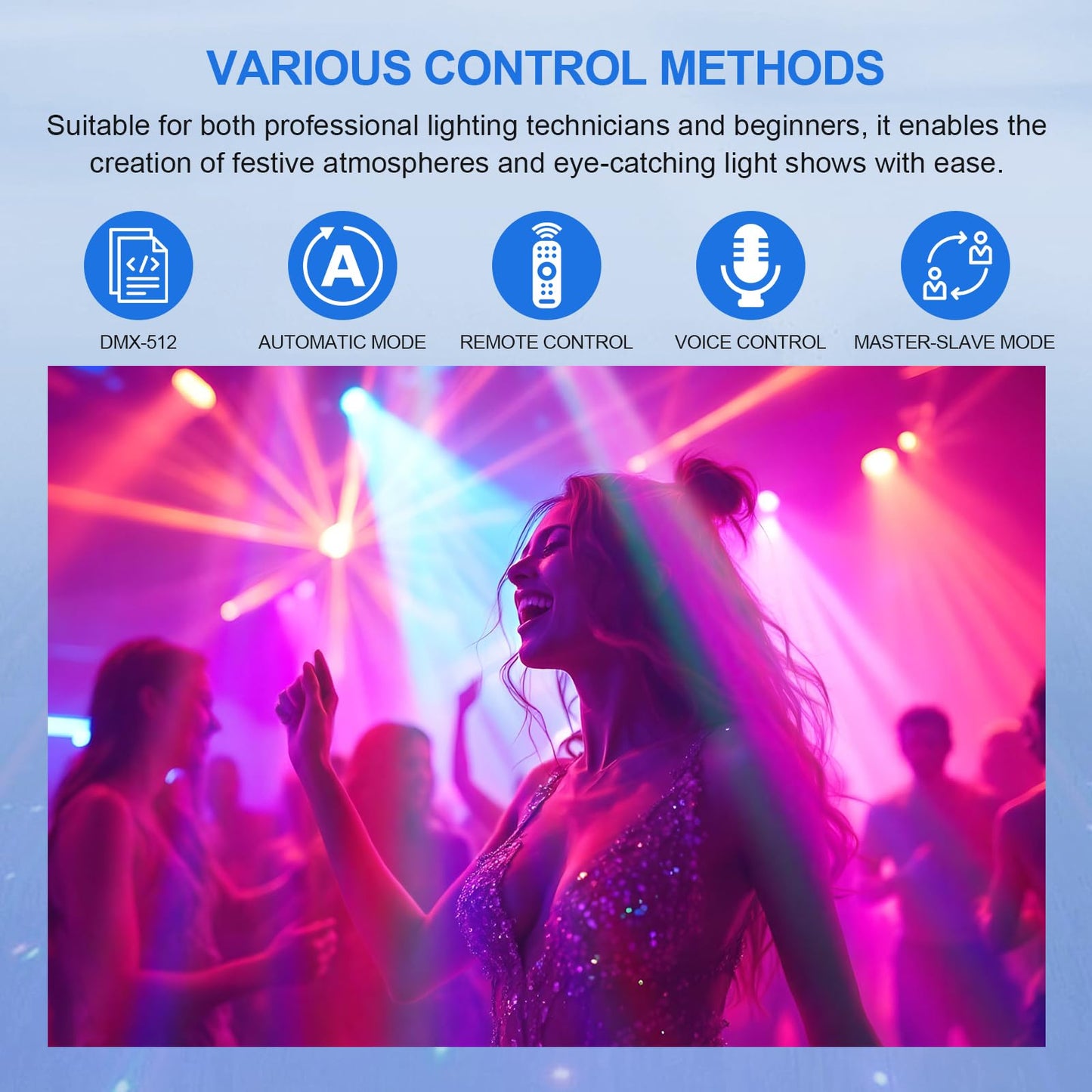 Moving Head DJ Lights, 150W RGBW LED Moving Head Lights, 6 Arms Party Light, 4 in 1 Bee-Eyes Effect Light, Red Green Starry, White & Amber Strobe, Support DMX-512 & Remote for Party Bar Disco Club DJ