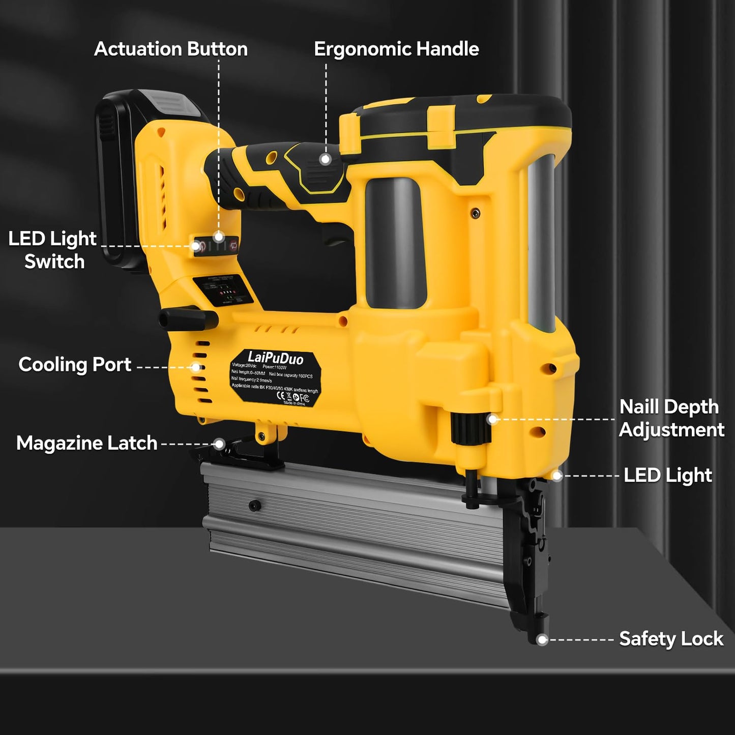 Cordless 2" Brad Nailer Compatible with DeWalt 20V Battery(No Battery), 2 in 1 18GA Nail Gun/Staple Gun with 800 Nails & Staples, Battery Power Nail Gun for Woodworking, Home Improvement