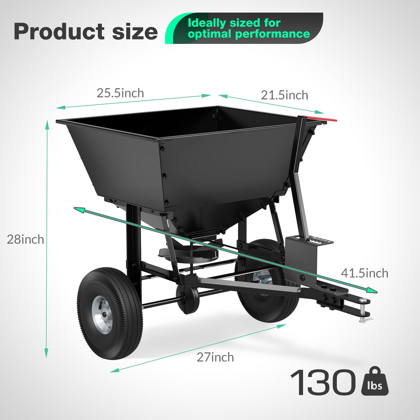 Suchtale Tow-Behind Broadcast Spreader, 130 lbs Capacity, Heavy Duty Fertilizer and Seed Spreader with Adjustable Flow Control Lever,10" Pneumatic Tires, Durable Metal Hopper for Various Terrain Type