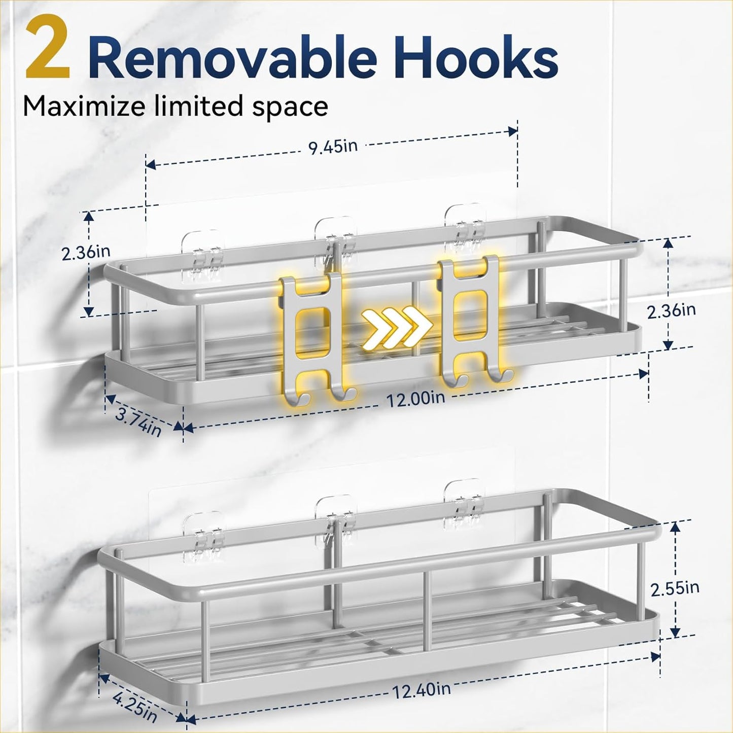 YASONIC Shower Caddy - No Drill Bathroom Organizer with Removable Hooks | Rust-Proof Grey Shelves, 2 Pack