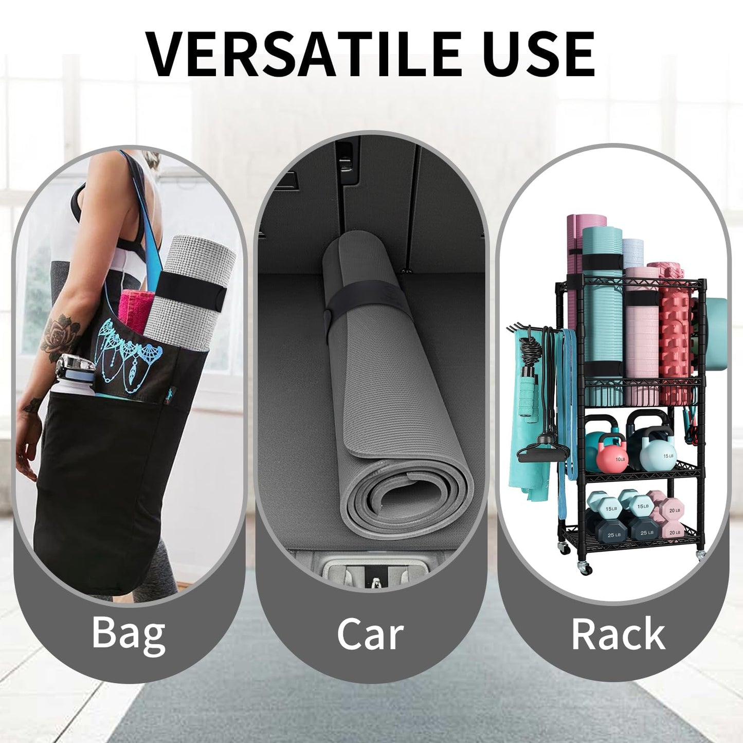 Yoga Mat Strap Slap Band- Extended Silicone Self-Rolling Mat Tie with Suction Cup Grip - Silent Snap Holder & Carrier for Thick Mats, Foam Rollers(25"L x 2"W) (Black)