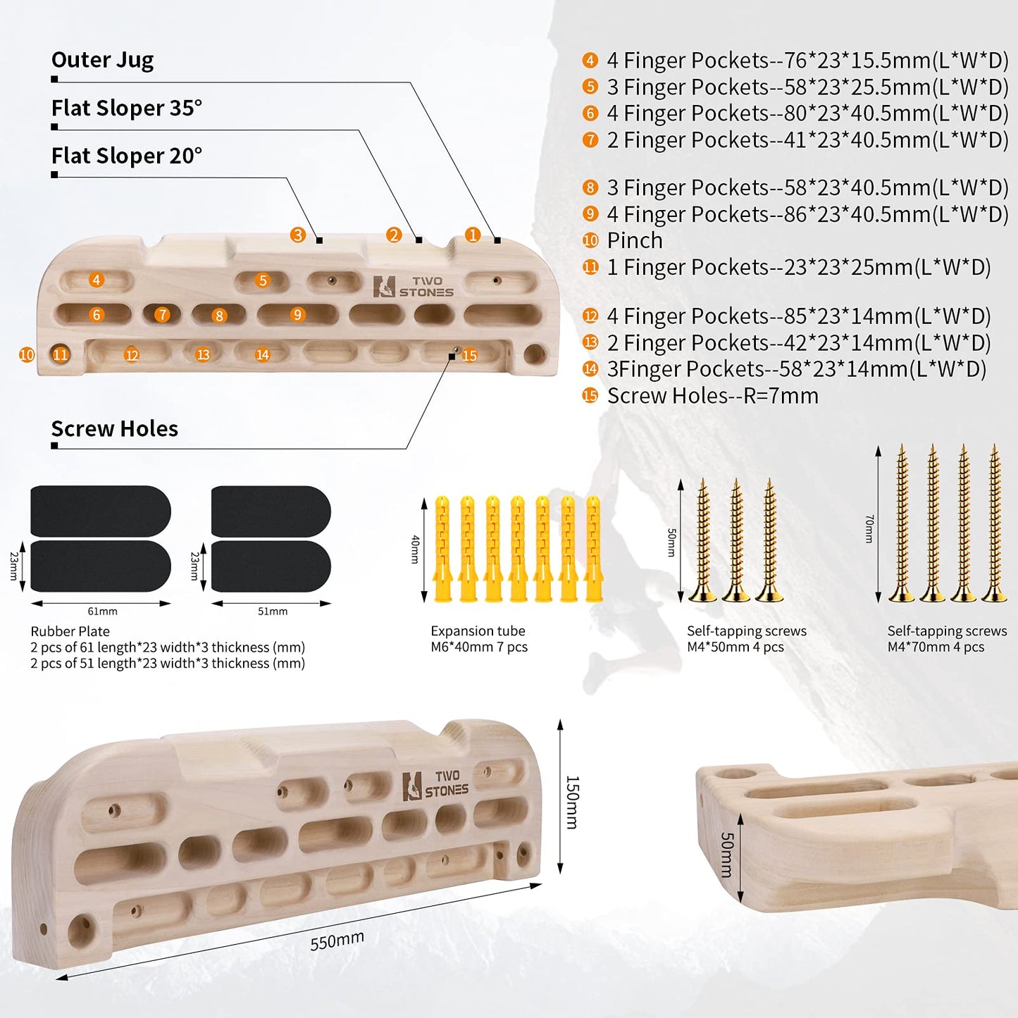 TWO STONES Wooden Hangboard Rock Climbing Pull Up Bar Designed Training for Climbing, Wooden Fingerboard Climbing Training Board for Building Core Strength and Endurance (CJ-HB2049)