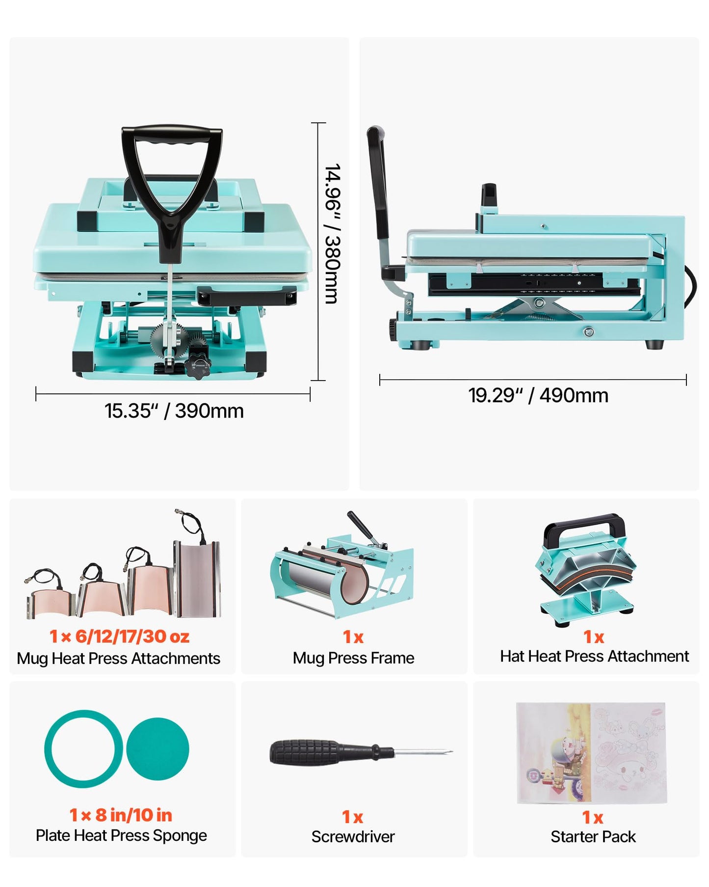 VEVOR Hybrid Heat Press, 15 x 15 inch, 8-in-1 Multifunction, Heat Up Fast and Even, All-New Patented Design, Easy to Control, Sublimation Press Machine for T-Shirts/Tumblers/Caps/Plates, Light Green