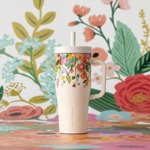 Corkcicle x Rifle Paper Co. Cruiser Insulated Tumbler with Handle & Straw - Triple-Insulated - Leakproof Travel Mug - BPA-Free - Summer Drinkware Gift - Keeps Drinks Ice Cold - 22 oz - Garden Party