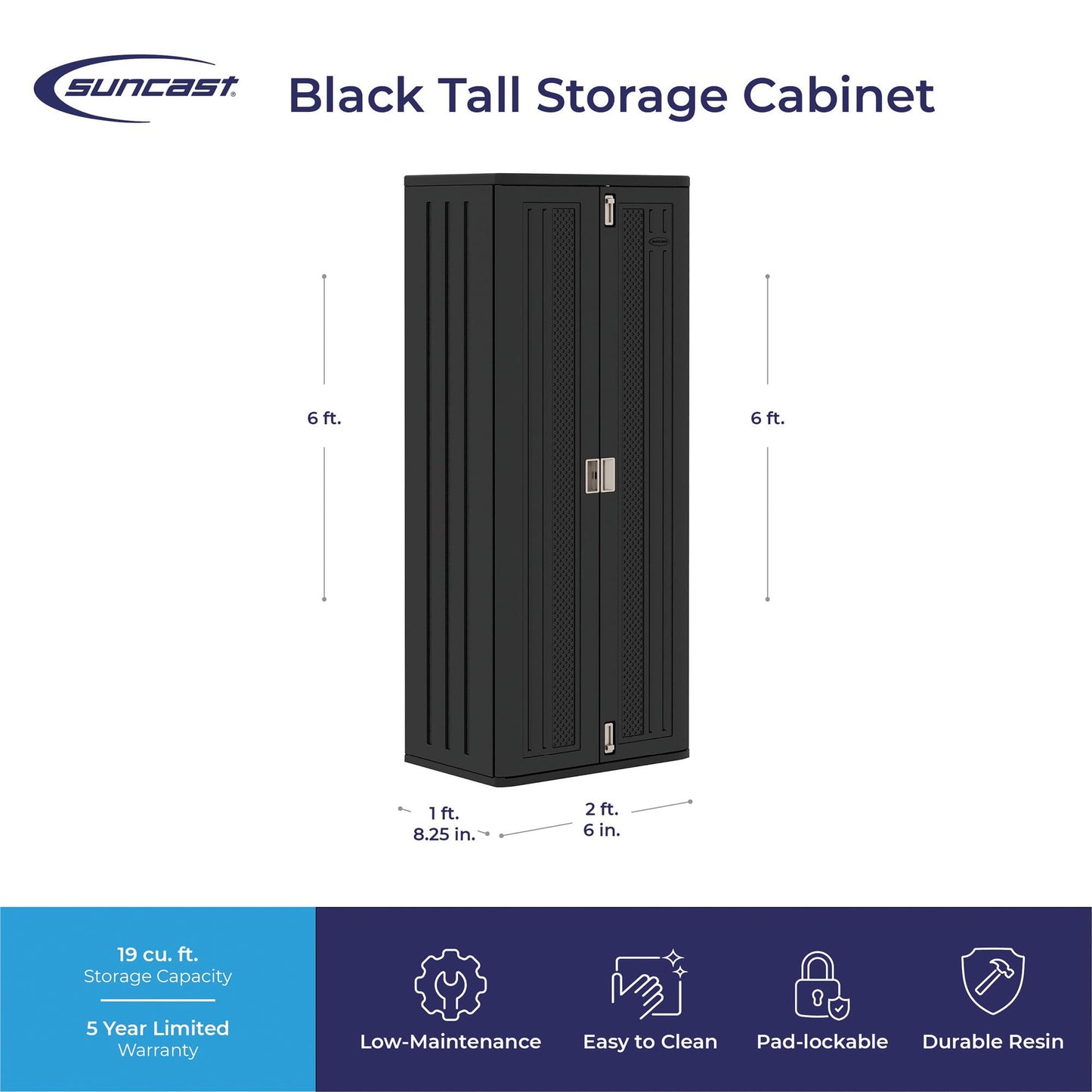 Suncast Tall Storage Cabinet for Garage Organization - 72" Freestanding Utility Closet with Shelving for Garden Supplies, Paint Cans & Outdoor Tools, Multi-Wall Resin Construction, Black