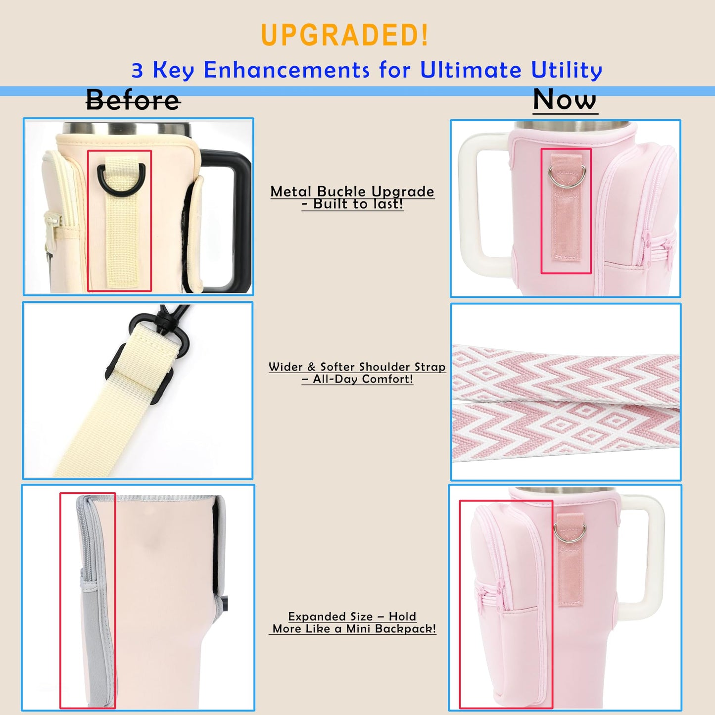 Water Bottle Holder with Strap for Stanley Cup 40 oz Tumbler with Handle, Super Large Capacity Pocket, Water Bottle Carrier Bag with Phone Pocket for Stanley Cup Accessories (Pink)