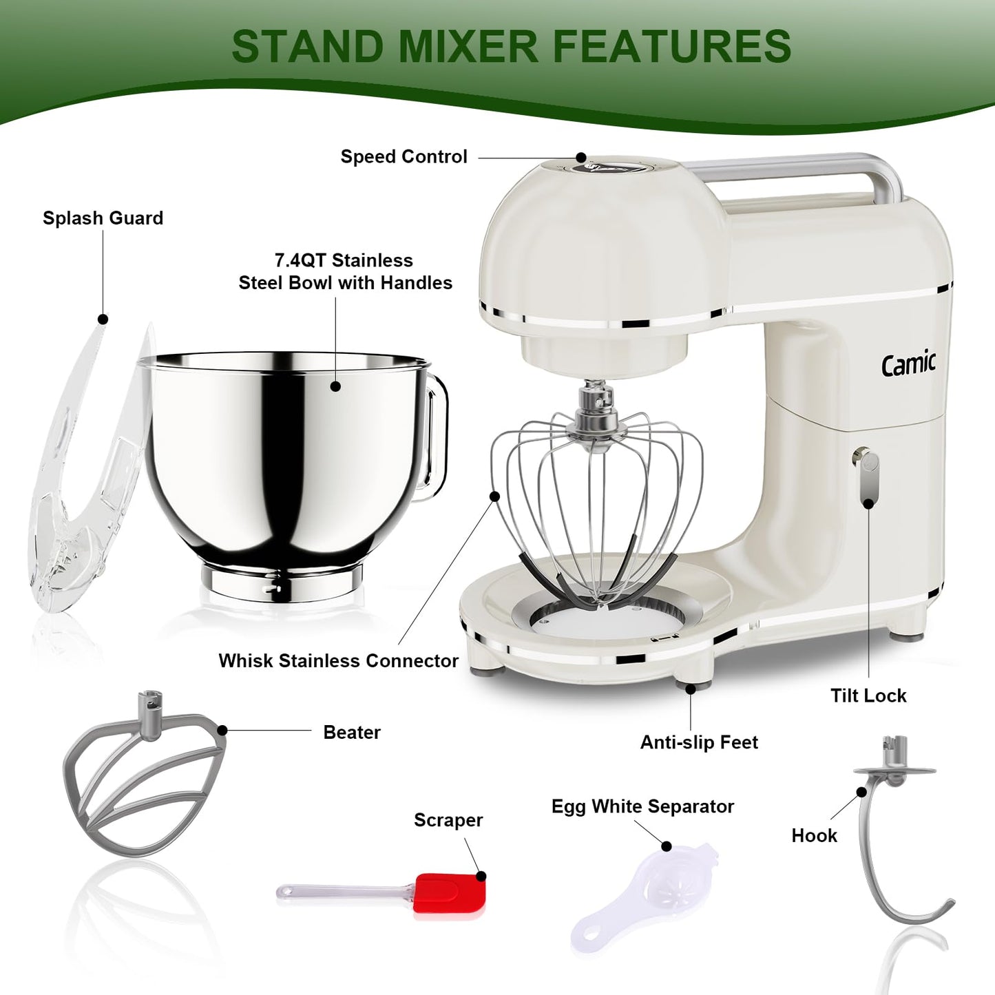 Camic Electric Stand Mixer,7.45 QT,10 Speeds with Dough Hook,Whisk, Flat Beater Attachments, Splash Guard, Easy-Carry Top Handle,3-IN-1 Kitchen Mixer for Baking Cakes Cookie Bread Salad (White)