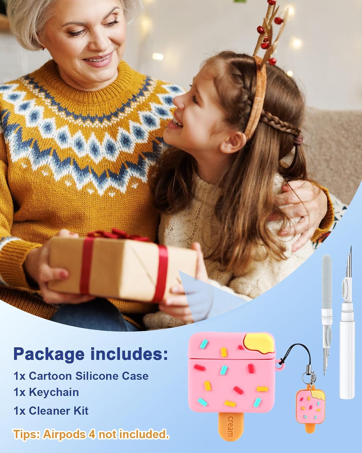 Boaretiu 4th 4th (2024) 3D 4 for Airpods Case - with Keychain and Cleaner Kit for AirPods Generation Case Ice Cream