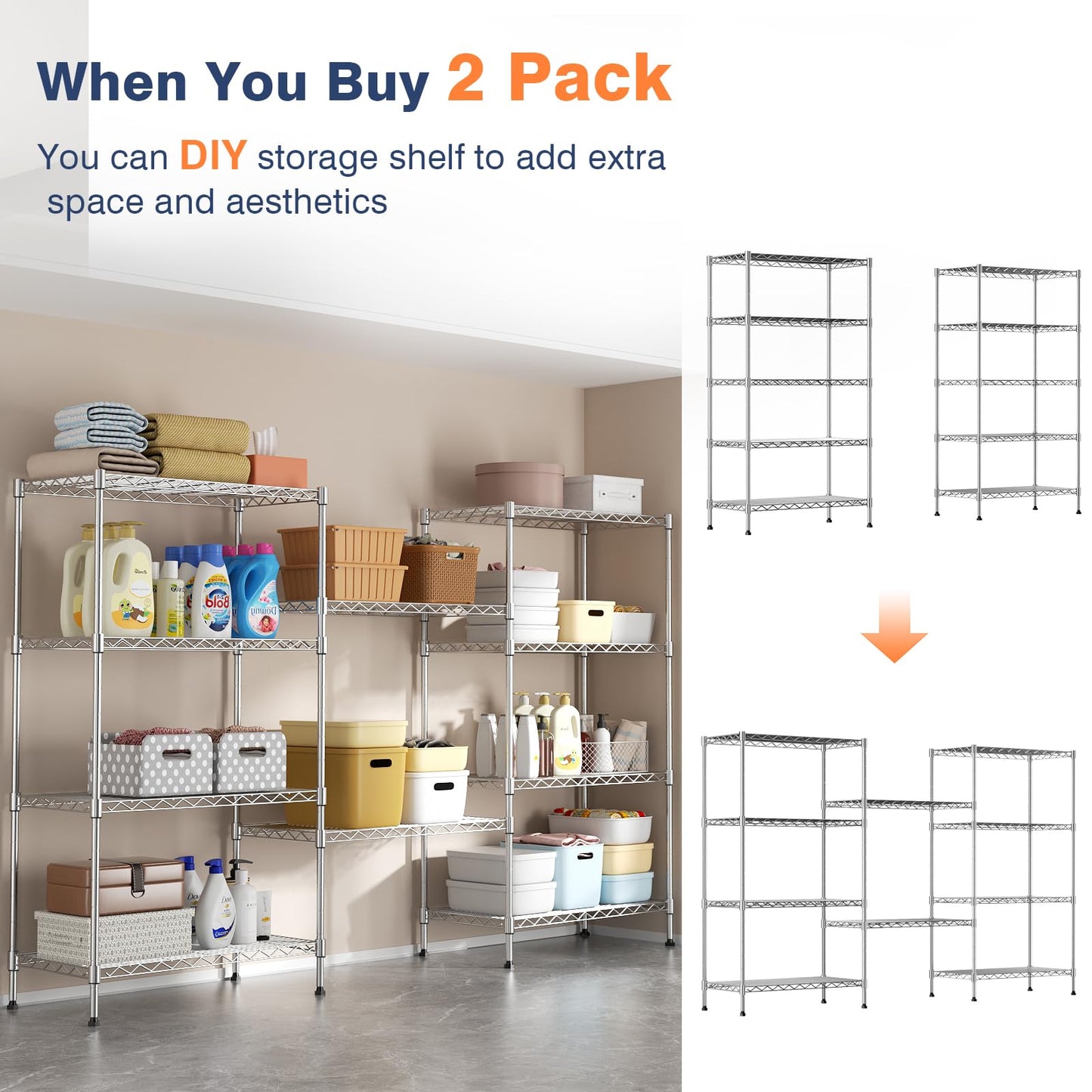 VANZBON 5-Tier Heavy Duty Metal Shelf,Chrome Wire Shelving Unit 35" Wx18 Dx71 H,Height Adjustable Storage Wire Shelves with Lockable Wheels for Garage,Kitchen,Office,Bathroom,Studio
