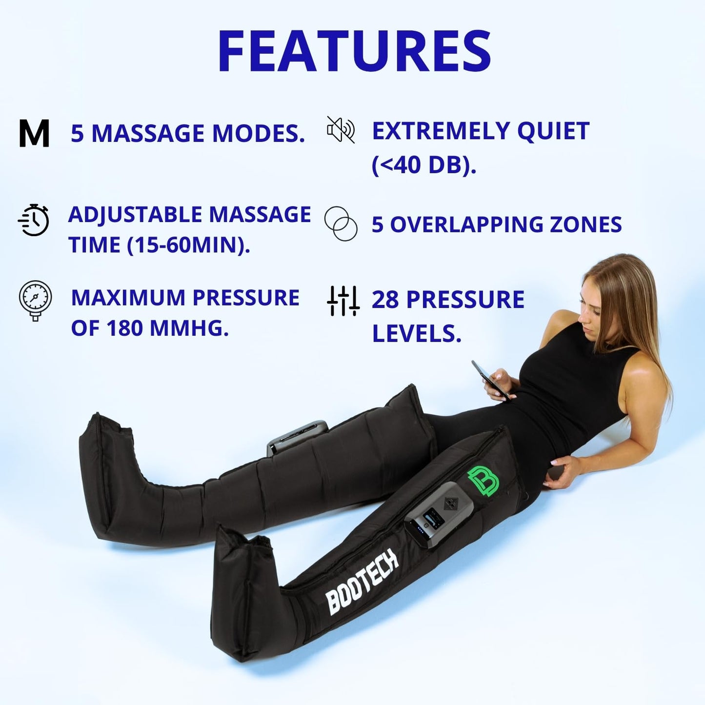 Bootech Leg Compression Recovery Boots for Circulation, Cordless Air Compression Therapy System Rechargeable Massage with 5 Modes, 5 Air Chambers, 3H Battery with Automatic Deflation Technology (M)