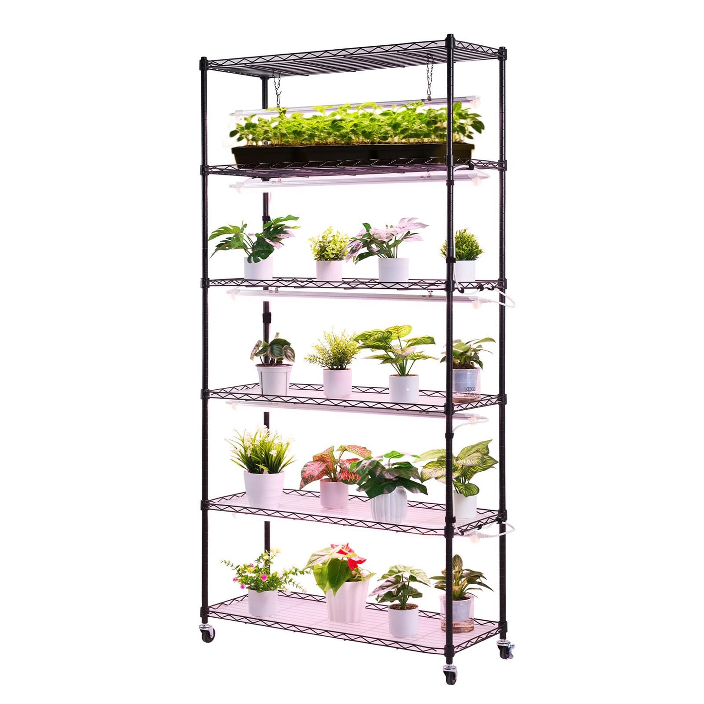 VEVOR Plant Shelf with Grow Light, 6-Tier Indoor Plant Stand, 71in Tall Indoor Plants Display Rack with Wheels & Timer, 150W 3800K Full Spectrum Grow Lights, Metal Flower Pot Holder for Seed Starting