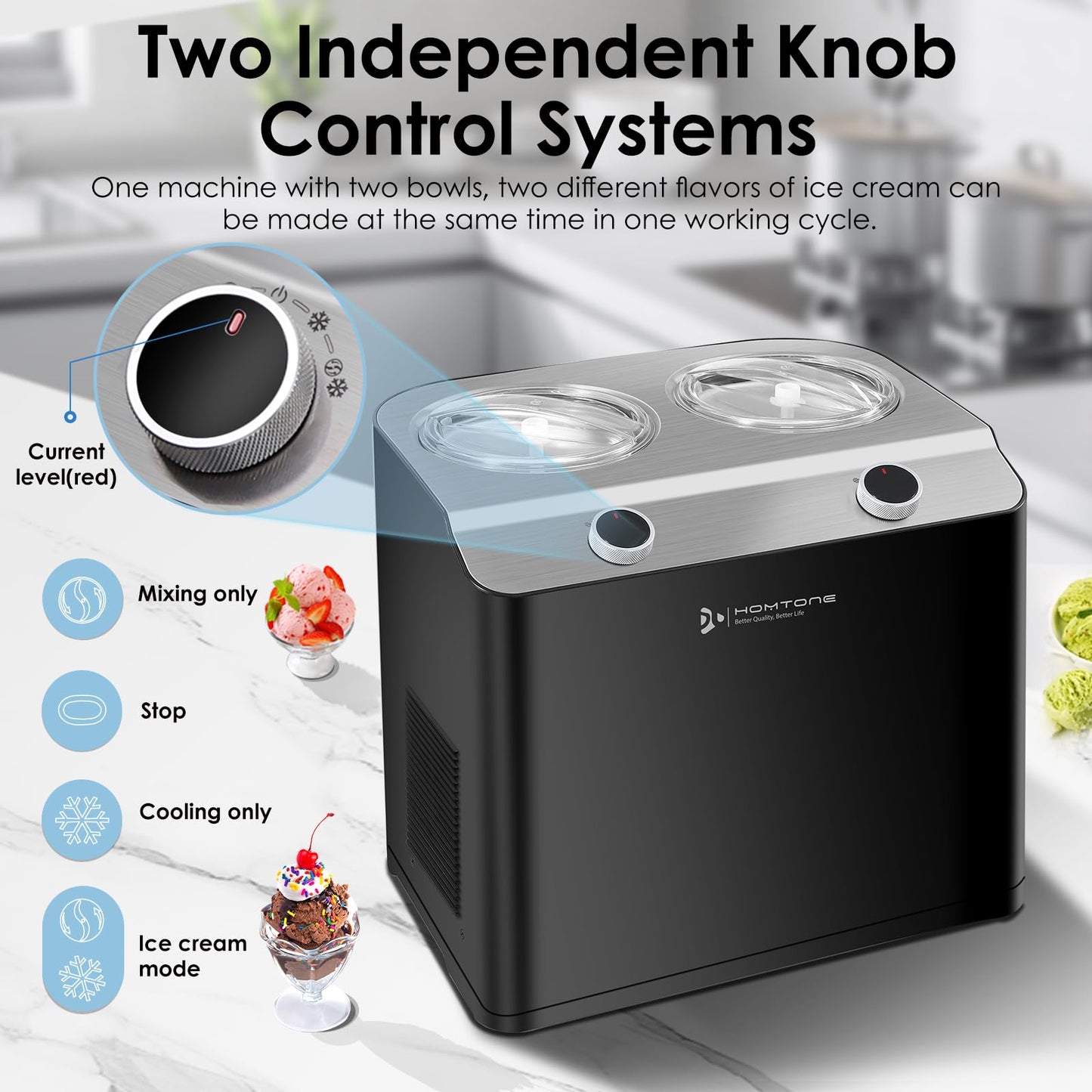 Homtone 2 Flavor Ice Cream Maker,Automatic Compressor Ice Cream Maker Machine with 2 Bowls,2.6QT (2 x 1.3qt) Largest Capacity & Fastest Freezing Ice Cream Machine, 3 Modes, Keep Cool Function