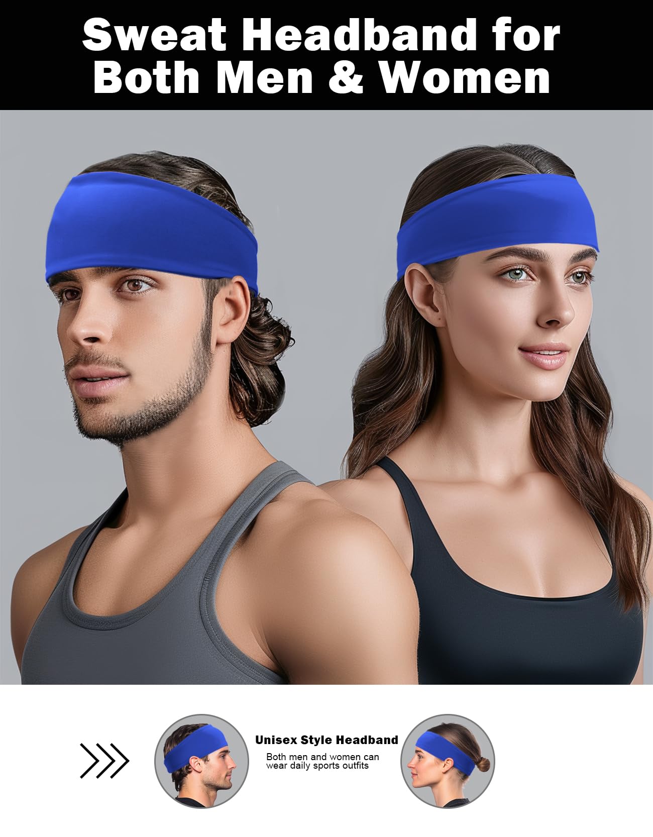 6 Pack Sport Headbands for Men & Women, Sweat Wicking Workout Sweatband, Royal Blue Hairband for Running, Cycling, Football, Yoga (Royal Blue 6 Pack)