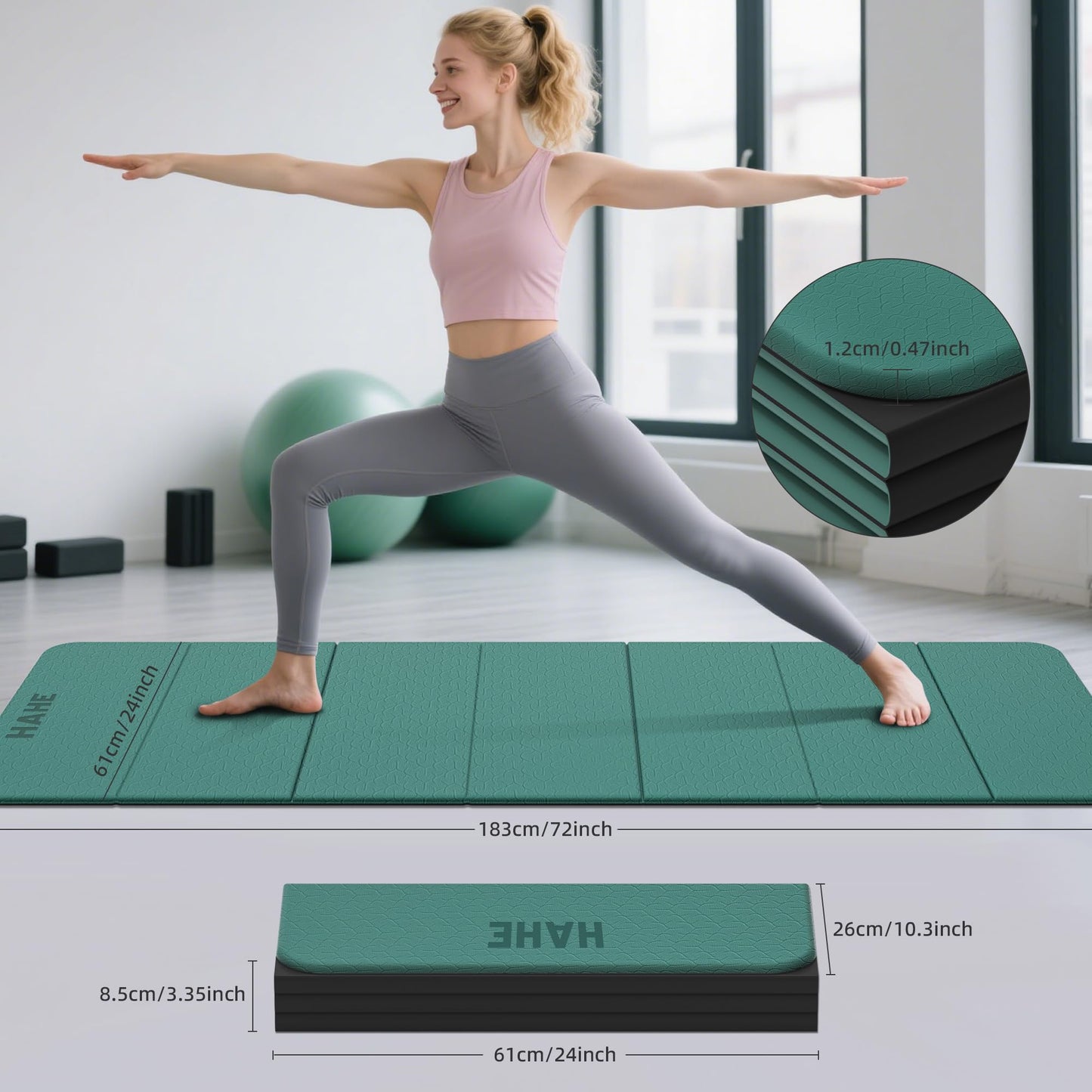 HAHE 7-Fold Design Extra Thick Yoga Mat 72"L x 24"W x 0.47",TPE Fitness Exercise Mats, Non-Slip Foldable Yoga Mat, High Density, Portable for Men & Women, Yoga, Pilates, Home Gym (Dark Green & Black)