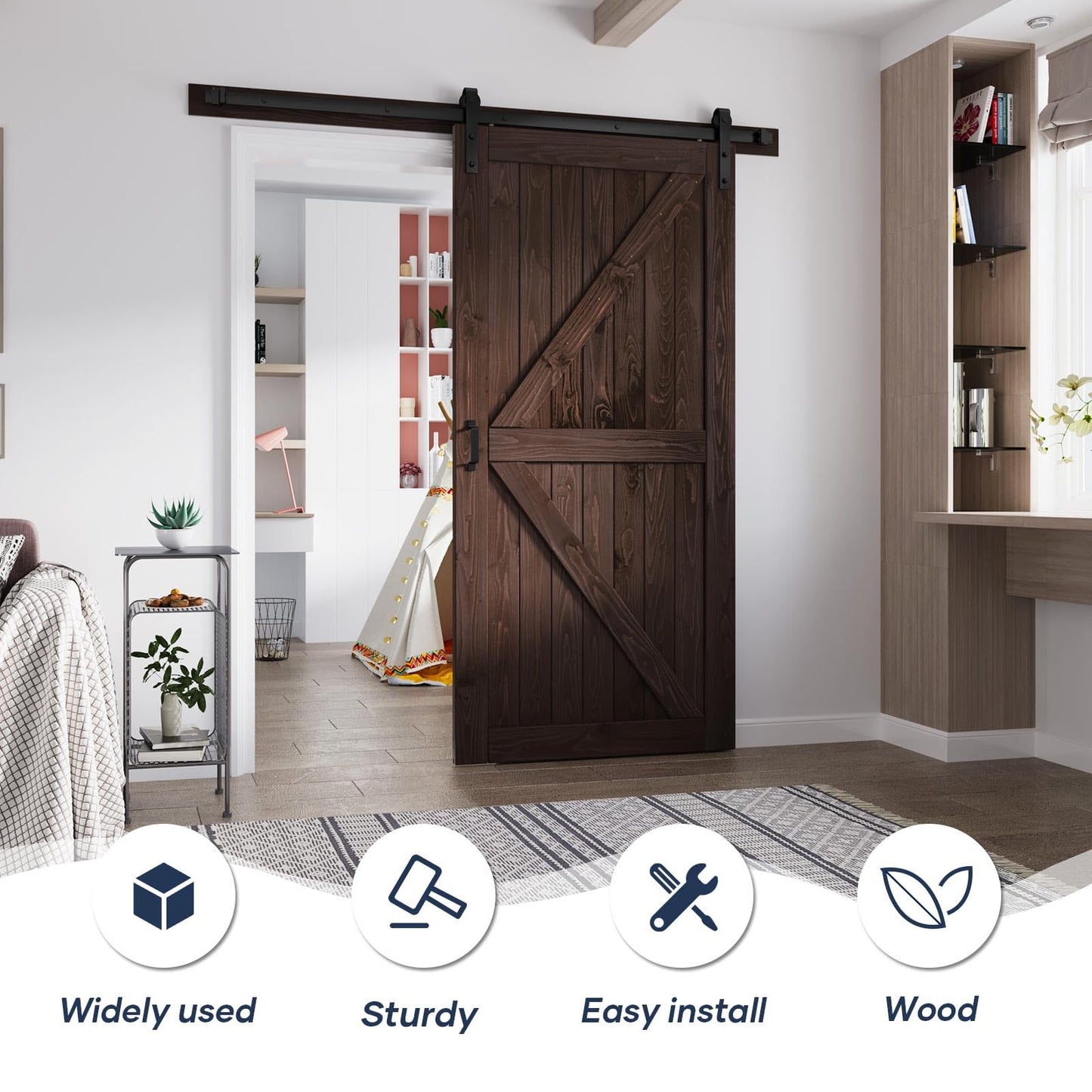 FREDBECK 42in x 84in Brown Barn Door with 7ft (84inch) Barn Door Hardware Track Kit and Handle Included, Double Surfaces,Simple Assembly is Required,K-Frame,Coffee