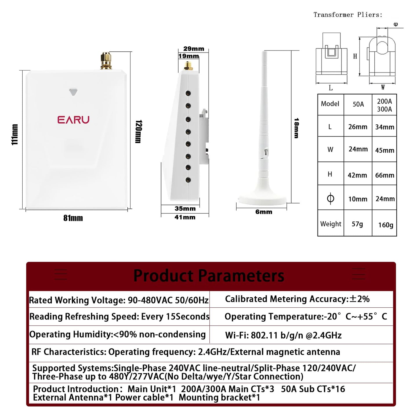 Smart Home Energy Monitor with 16 50A and 3-300A Circuit Level Sensors Real-Time Accurate Power Energy Consumption Tracking WiFi Meter SolarNet Metering2.4 GHz WiFi