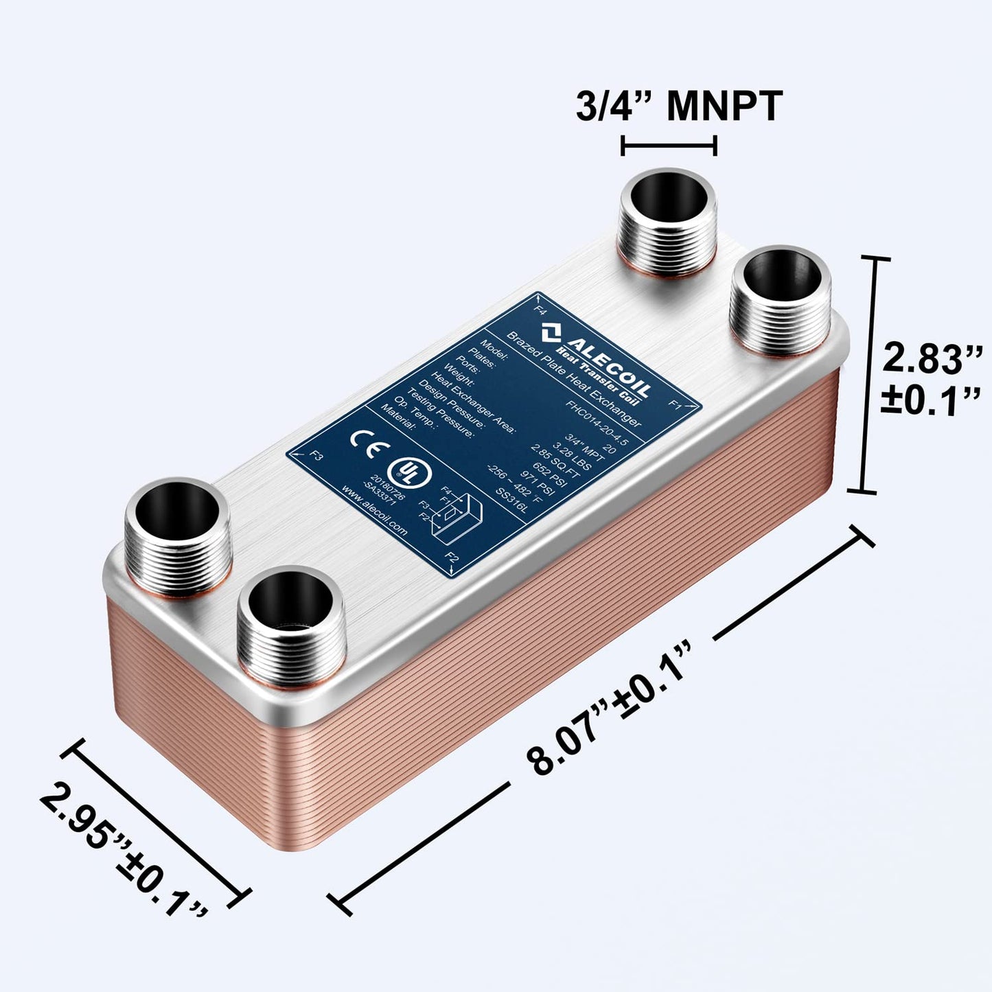 ALECOIL 3"x8"-20 Plates Heat Exchanger with 3/4" MPT Port Water to Water 316L Stainless Steel Brazed Plate Heat Exchanger for Water Heating, Floor Heating, Industrial and Commercial Refrigeration