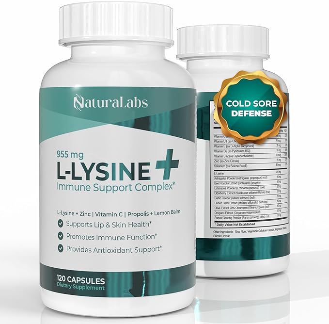 L-Lysine + Cold Sore Immune Support Supplement – with Vitamin C, Zinc, Bee Propolis, Lemon Balm & 9-in-1 Herbal Complex – Promotes Lip & Skin Health – Antioxidant Immune Formula – 120 Ct