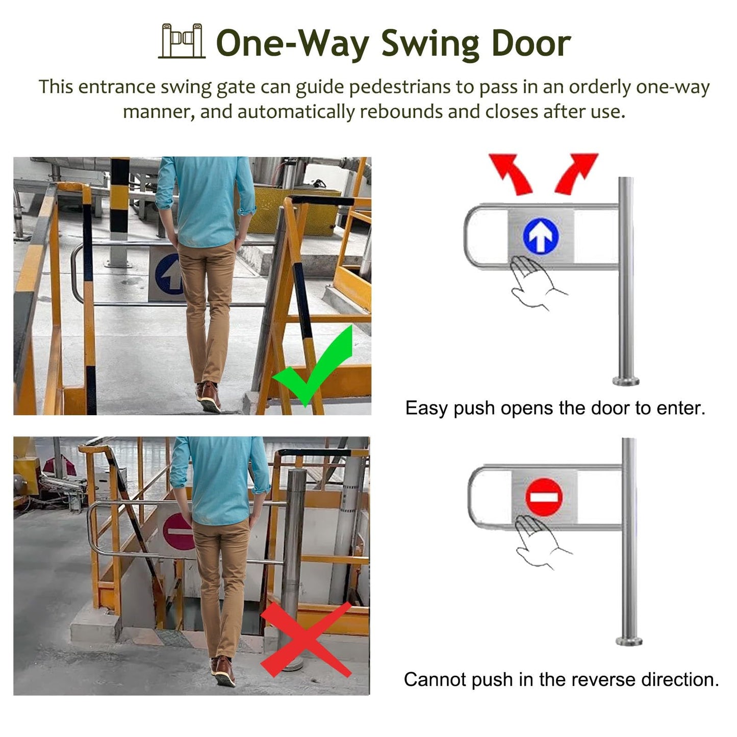 WhamtL Industrial Warehouse Entrance Swing Gate, One Way Turnstile Gate with Directional Sign, Anti Reverse Pedestrian Barrier for Controlled Entry(Right,WXH 60x100cm(24x39in))