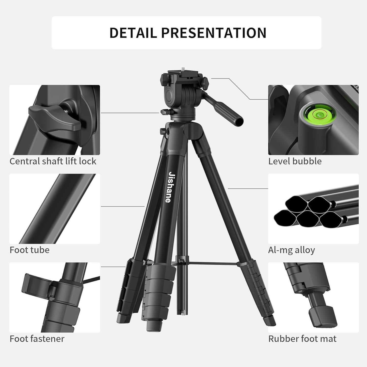 Jishane 61" 11lb Camera Tripod, Travel Tripod for Camera Canon EOS Rebel Nikon, Lightweight Phone Stand with Wireless