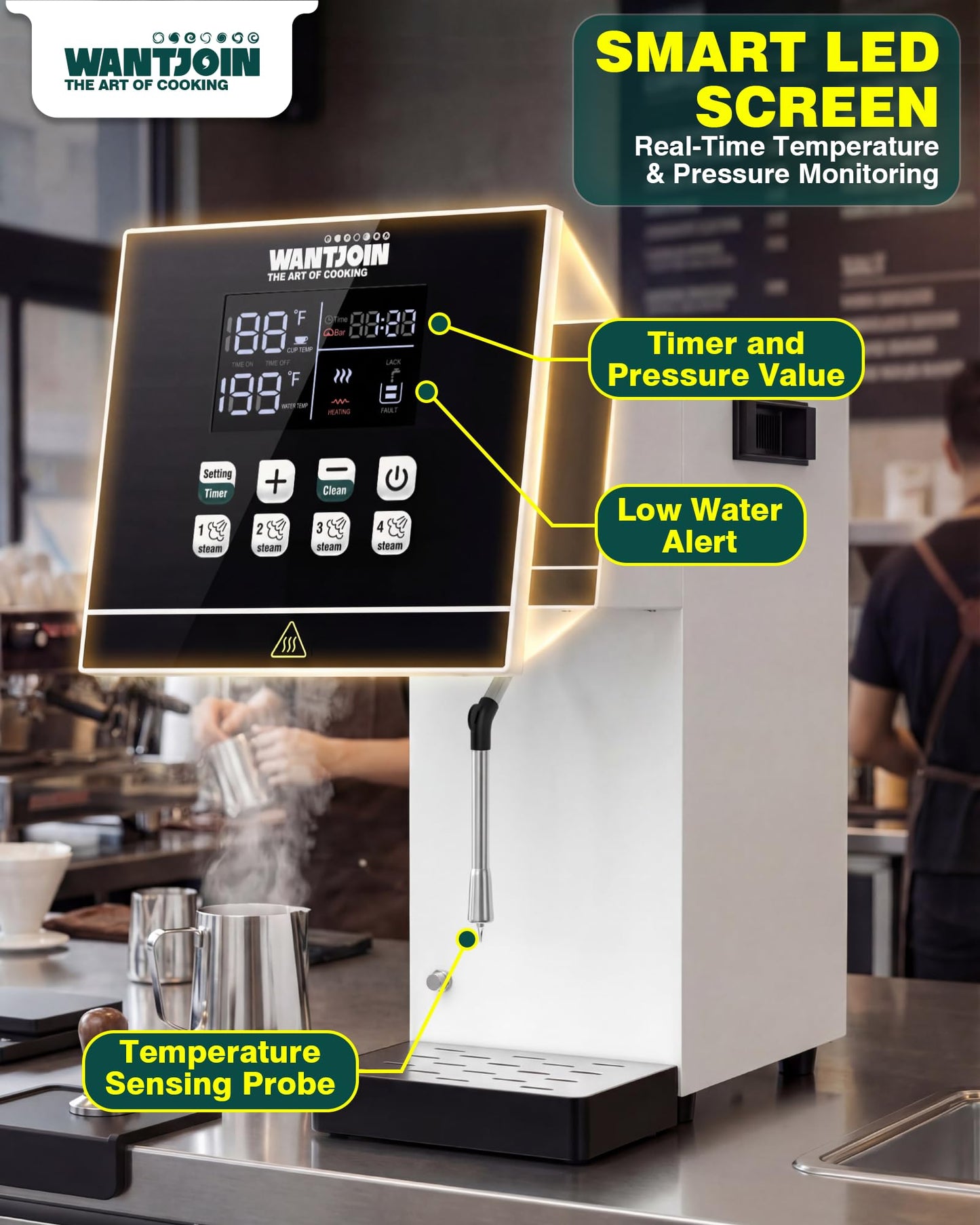 WantJoin Commercial Milk Frother - 2000W Milk Steamer for Latte Cappuccino Coffee, Beverage Heater with Hot Water Dispenser & LED Display, Hotel Use (White)