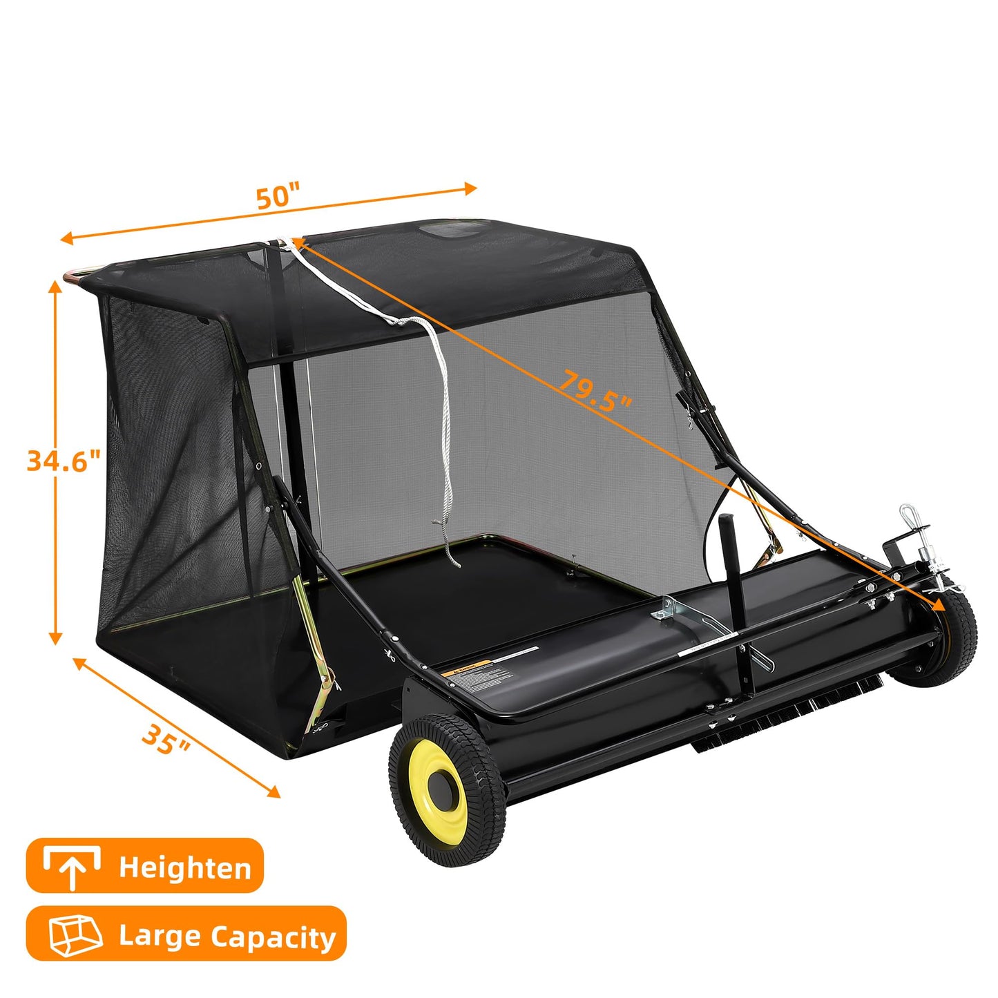 Tow Behind Lawn Sweeper 50" Wide, 26 Cu.Ft Large Hopper Yard Sweeper, Pull Behind Leaf Collector with Adjustable Sweeping Height, Universal Fit for Lawn Tractor & Debris Cleanup