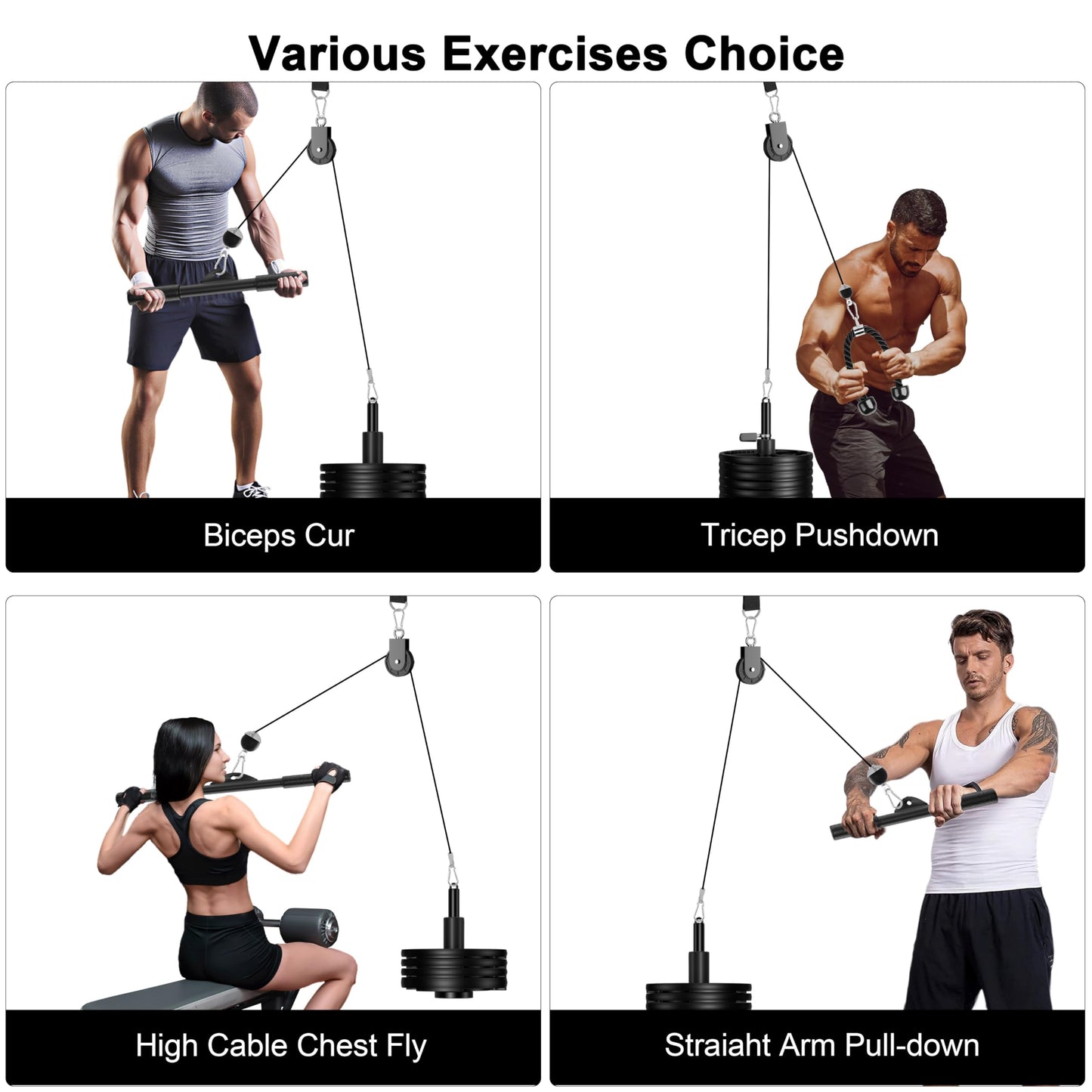 HWOOUSA Cable Pulley System for Home Gym, Silent Heavy Duty Pulley Kit Fits 1 & 2" Plates, Tricep Pull Down & Bicep Curl Attachment for Power Racks, 350LBS Capacity Strength Training Equipment