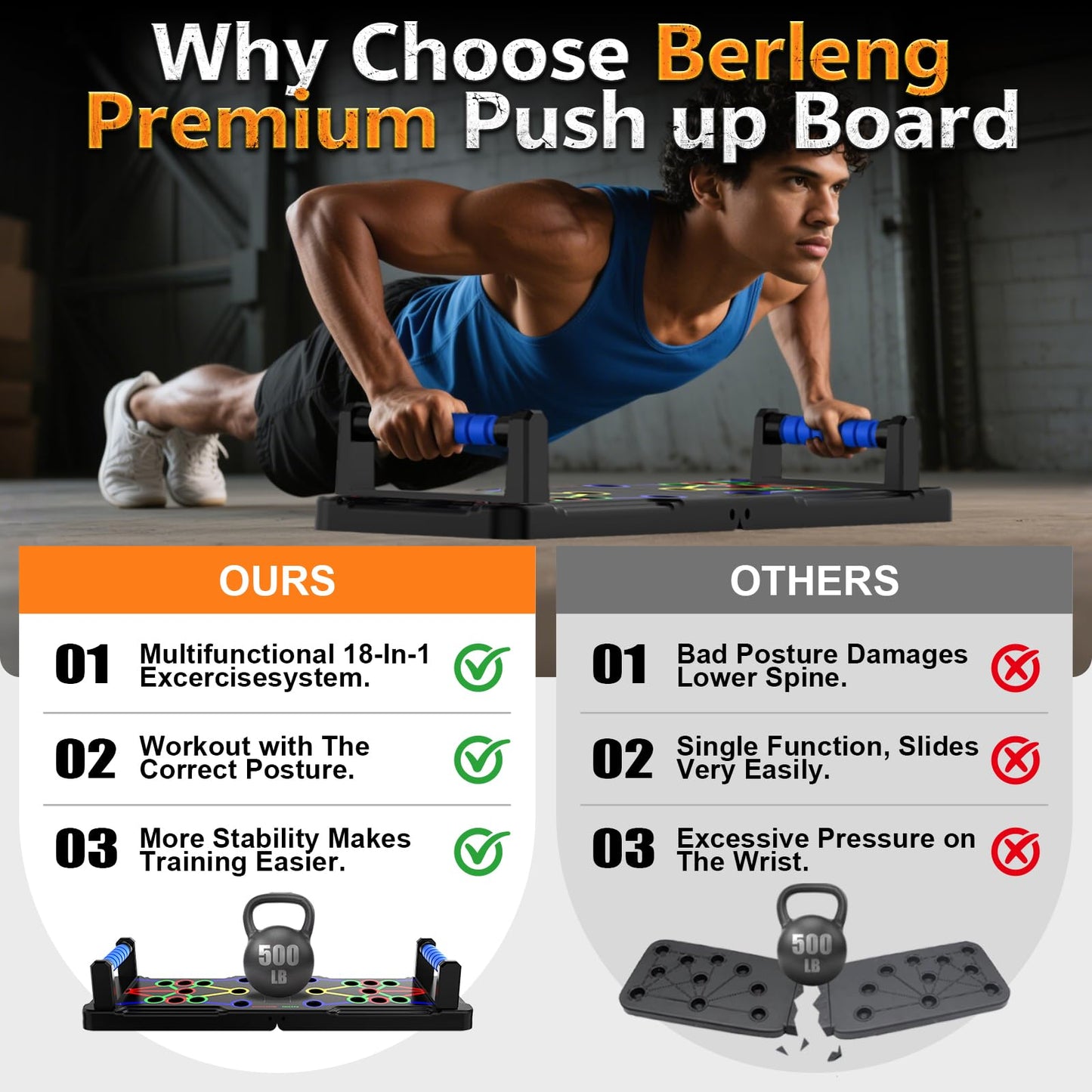 Berleng Push Up Board - 36-in-1 Foldable Pushup Fitness Stand for Portable Strength Training. Rugged, Stable Equipment for Home Gym Workout for Men & Women