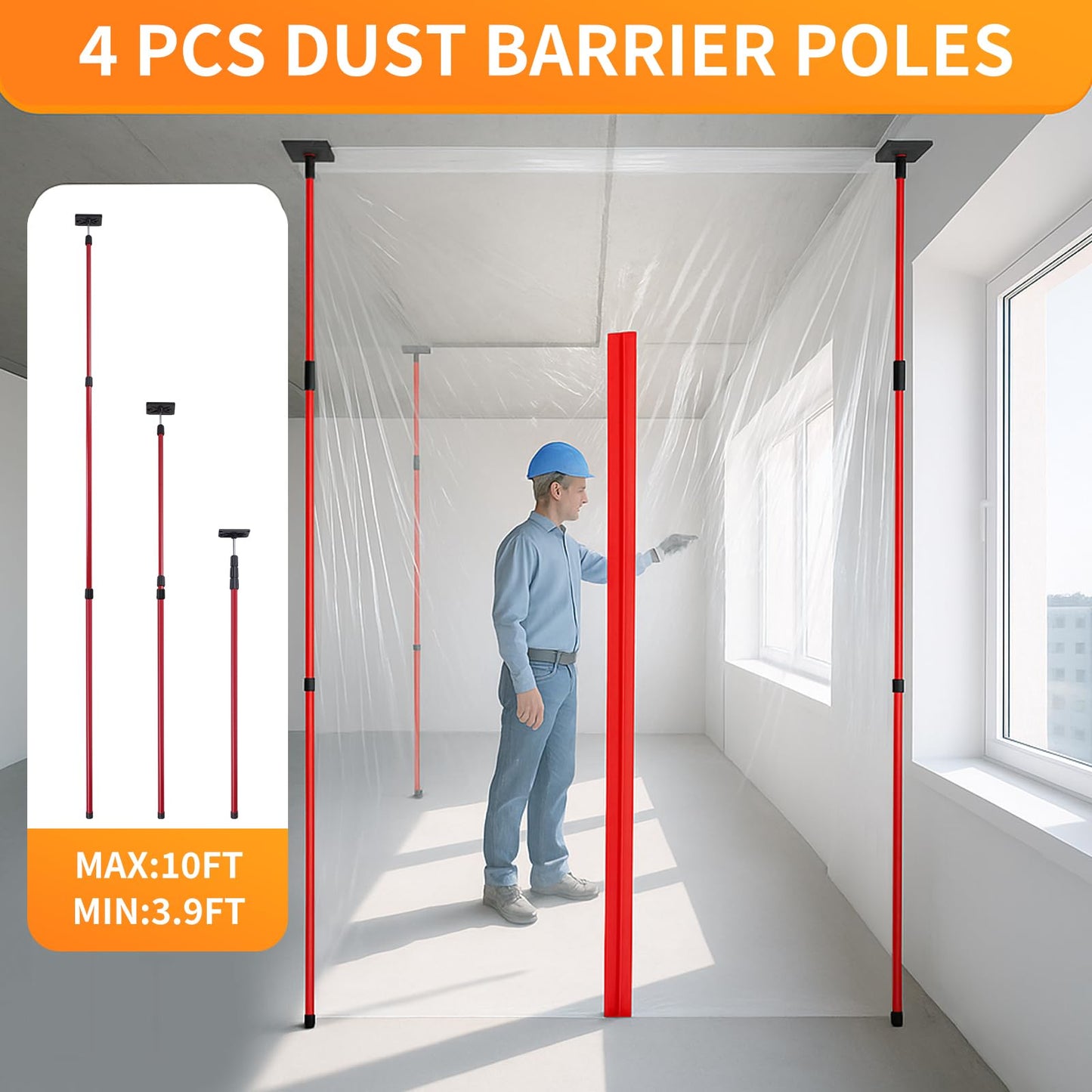 10FT Dust Barrier Poles Kit with Plastic Sheeting (32.8x13.1FT), 2 Heavy-Duty Zippers & Gloves – Telescoping Poles for Temporary Dust Barrier System, Home Renovation & Construction (4PCS)