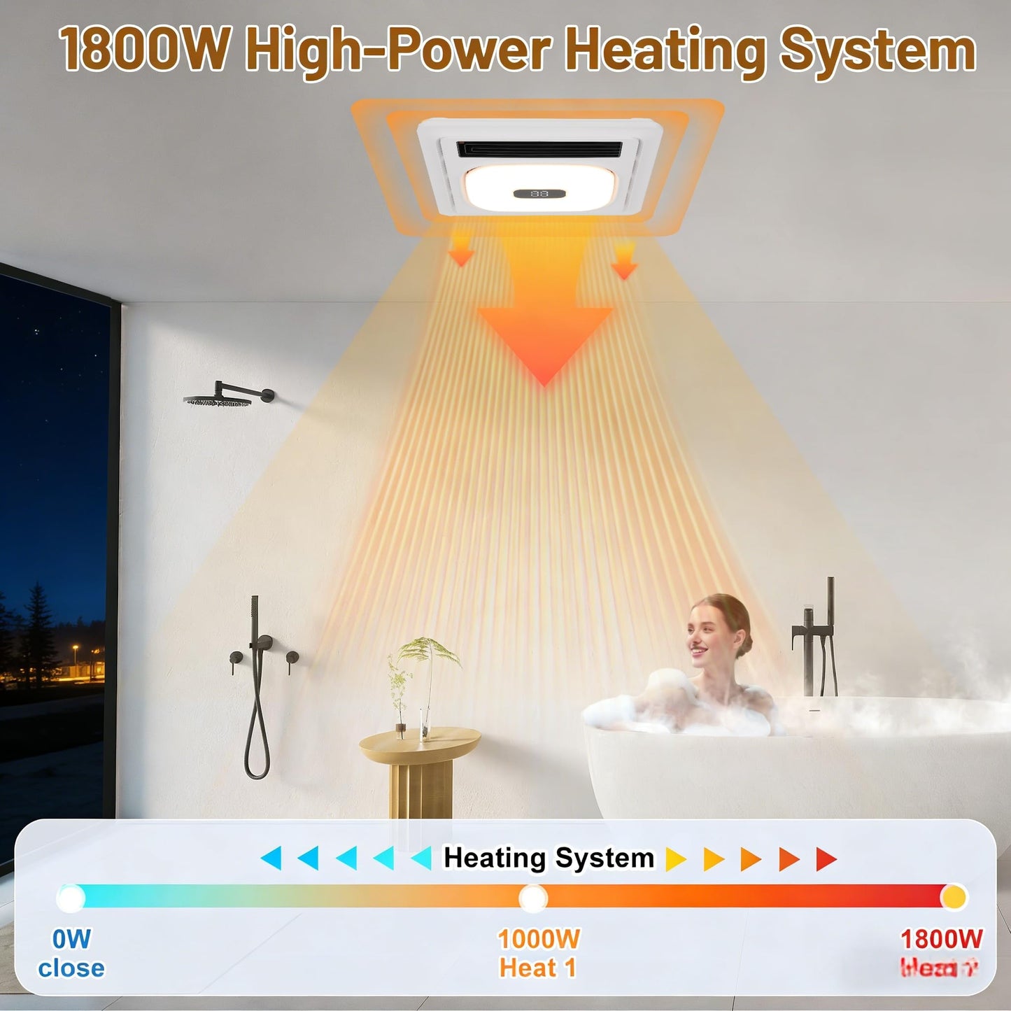NeuronDeals 4 in 1 Bathroom Exhaust Fan & 1800W Heater – The Complete Bathroom Fan with Heater | 3 Adjustable LED Color Temperatures, 180 CFM Quiet DC Motor for Effective Ceiling Ventilation