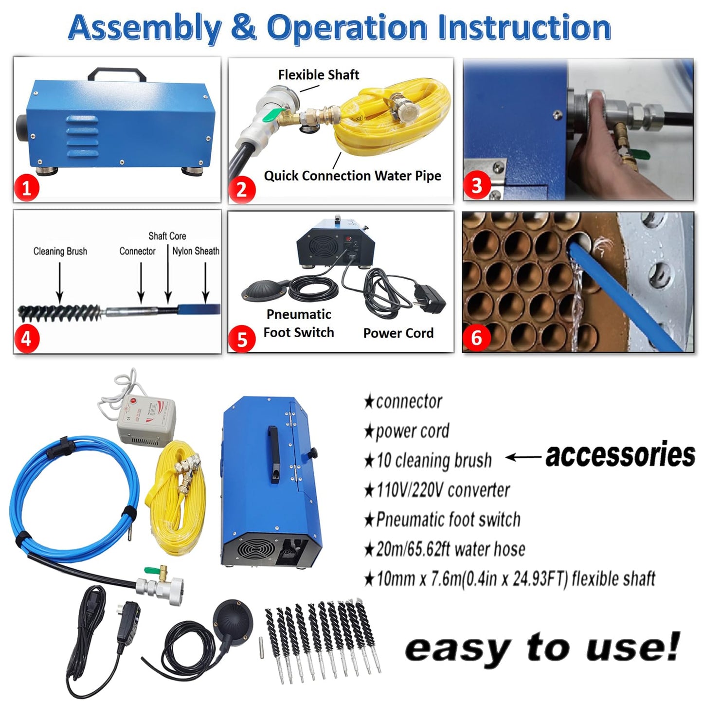 INTBUYING Condenser Pipeline Tube Cleaning Machine for Dia 0.6-0.7in Pipe 110V/220V 370W Adjustable Speed with Transformer Water Spray for Air Conditioner Chiller Heat Exchanger