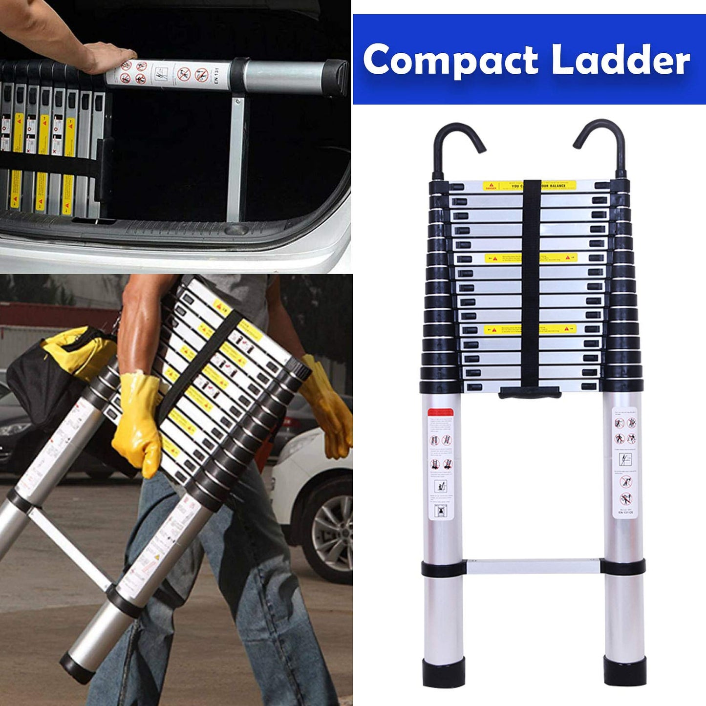 Telescoping Ladder Aluminum 20.3FT 6.2m Extension Ladder with Detachable Hooks, EN131 Standard 330lbs Load Capacity, Adjustable Height Portable Home Step Ladder Weights 36lbs