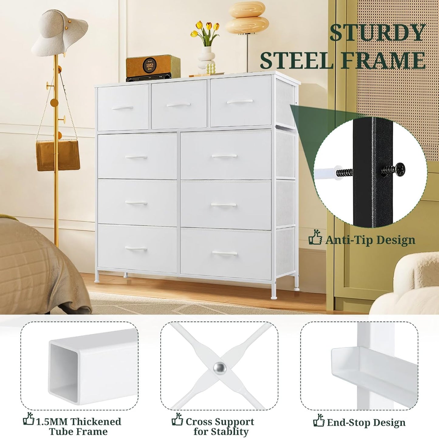 Regine Switzerland 9-Drawer Dresser - Anti-Tip Tall Storage Organizer with Wooden Top & Metal Frame | White