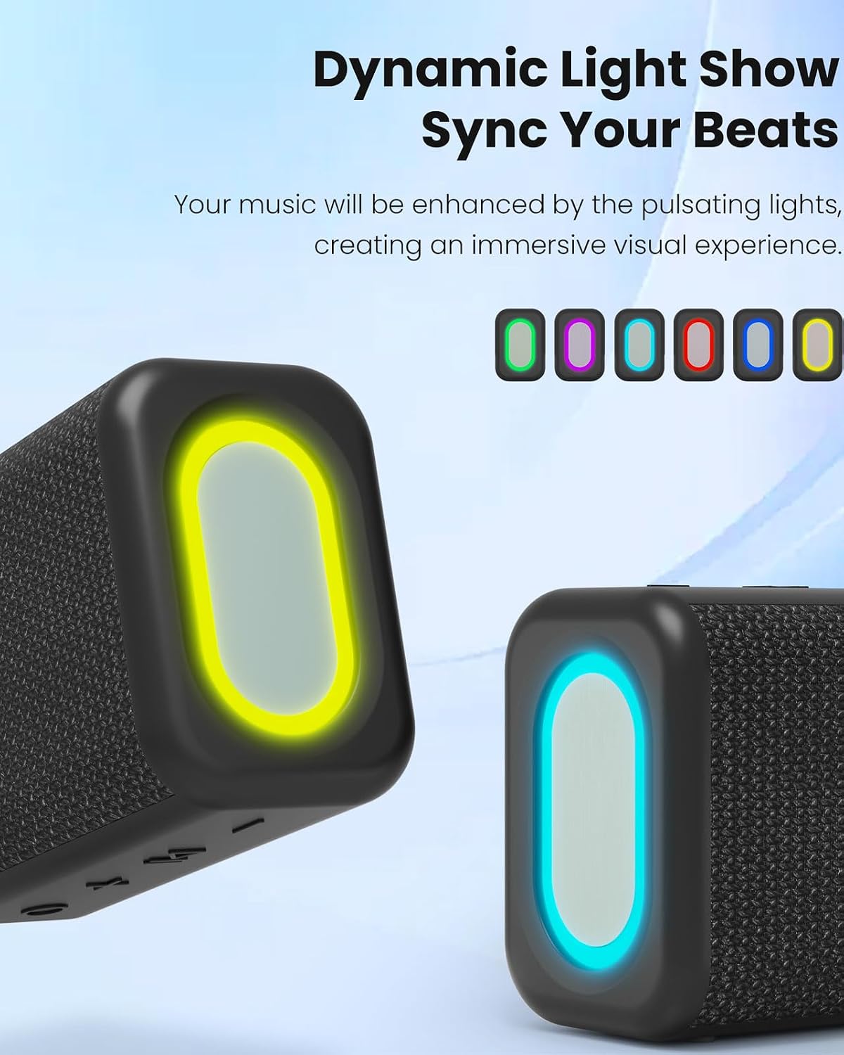 cooboom IPX5 5.3, Portable Bluetooth Speaker with Lights, Powerful Crystal Clear Sound, Waterproof, All Day Playtime