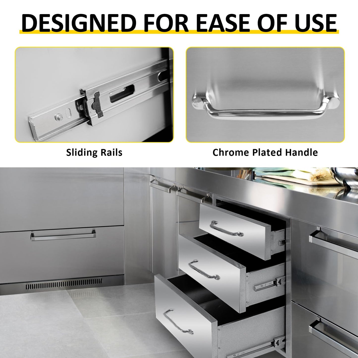 SGOLAN Outdoor Kitchen Drawers 18" W x 21" H x 23" D Flush Mount Triple BBQ Drawers with Chrome Handle Stainless Steel Drawer for Outdoor Kitchen Island, Patio Grill Station